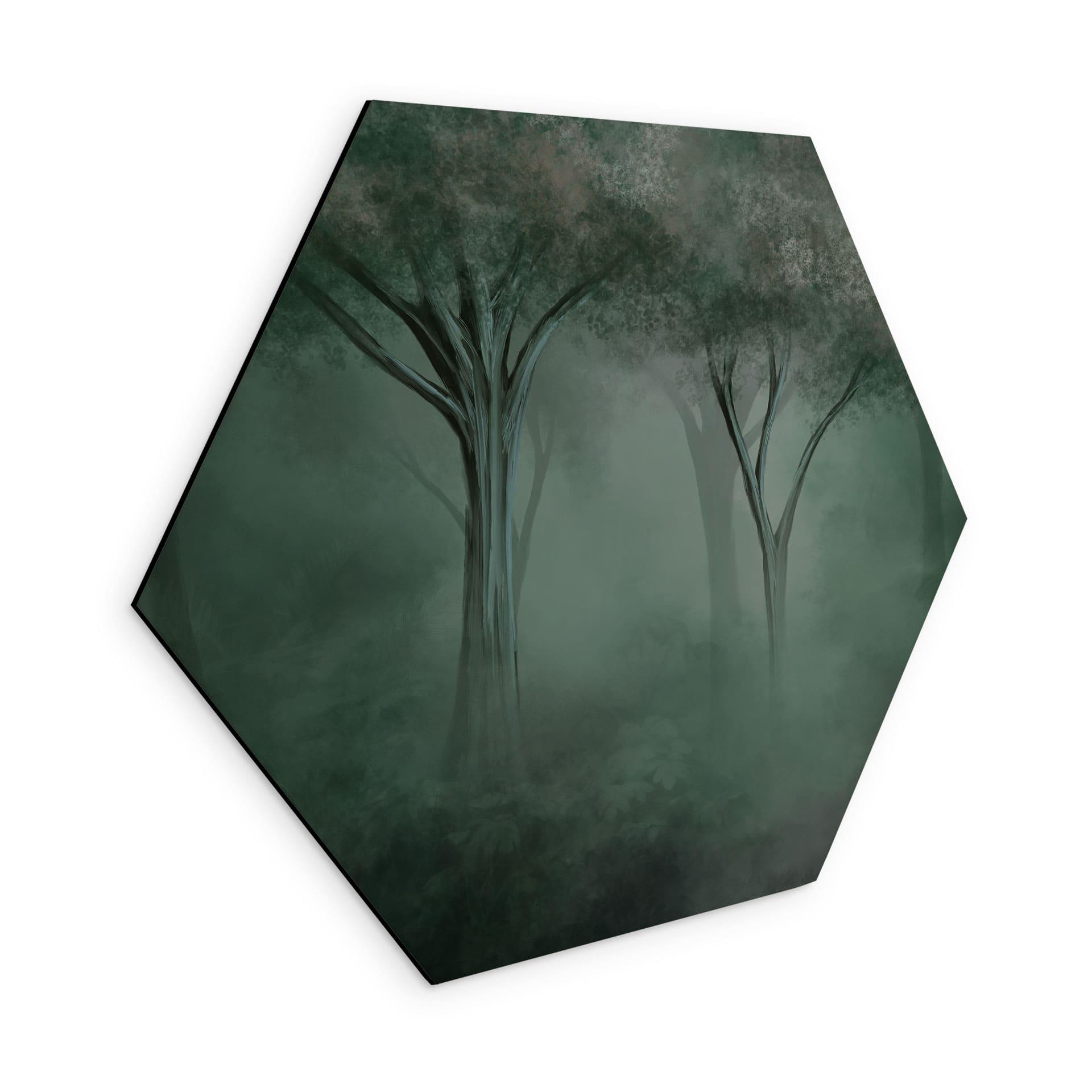 Wanddecoratie bos magie in de ochtendmist groen - Ms Tiff - Alu-Dibond