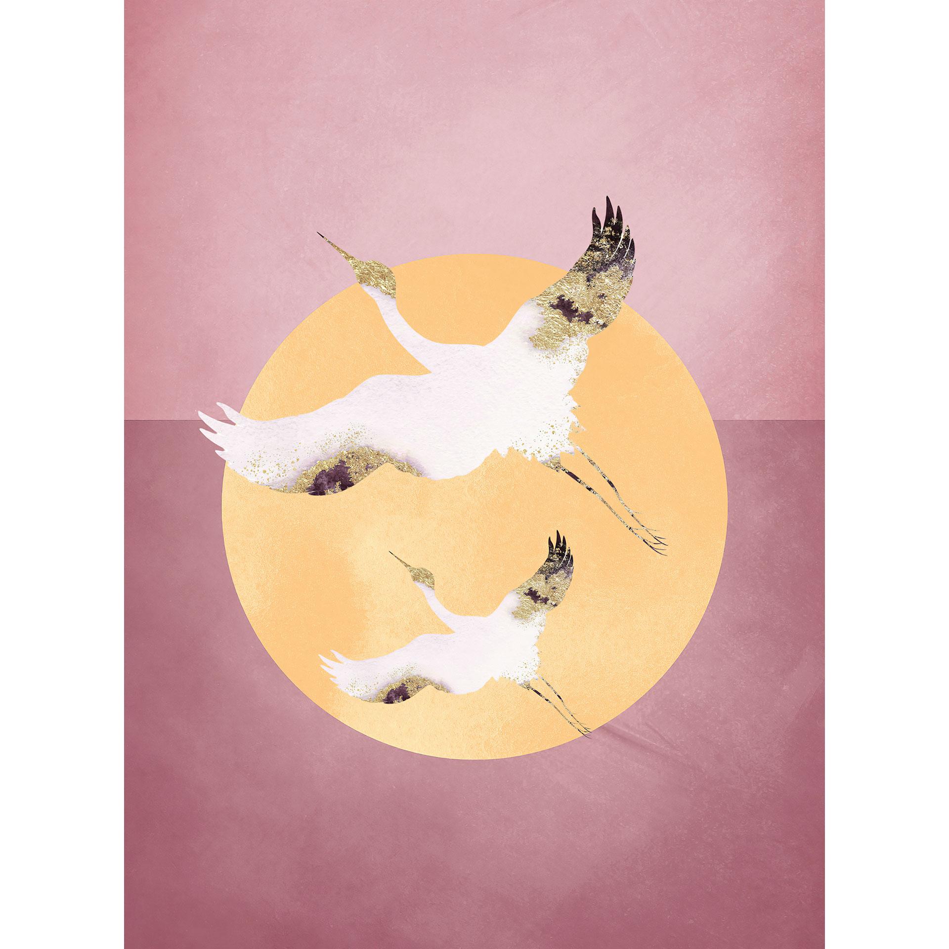 Fotobehang Witte en gouden kraanvogels in een roze lucht - Aureous