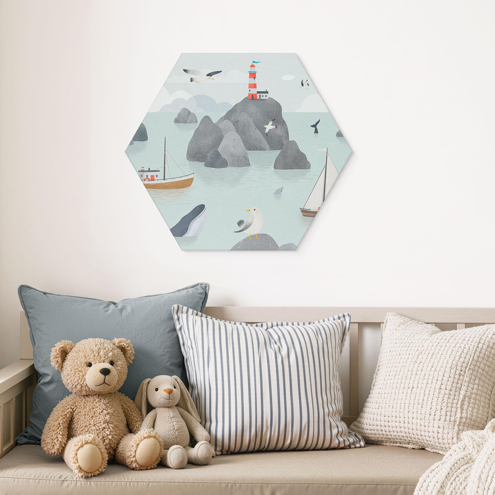 Hexagon Billede Maritimt Kystmotiv med Fyrtårn - Oliver Robins - Alu-Dibond