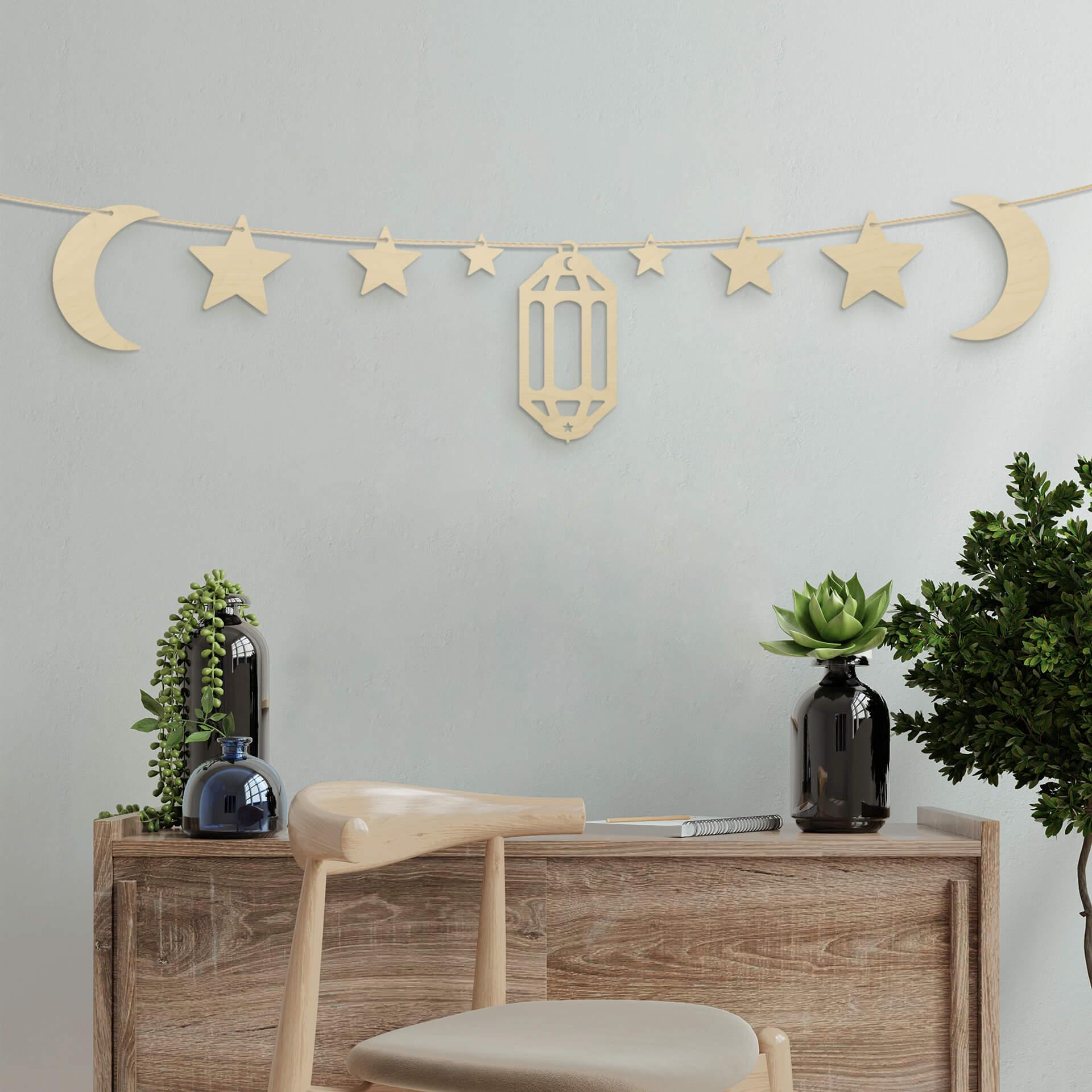 Décoration en bois placage peuplier  - Set pour Ramadan - Lune, étoiles et lanterne