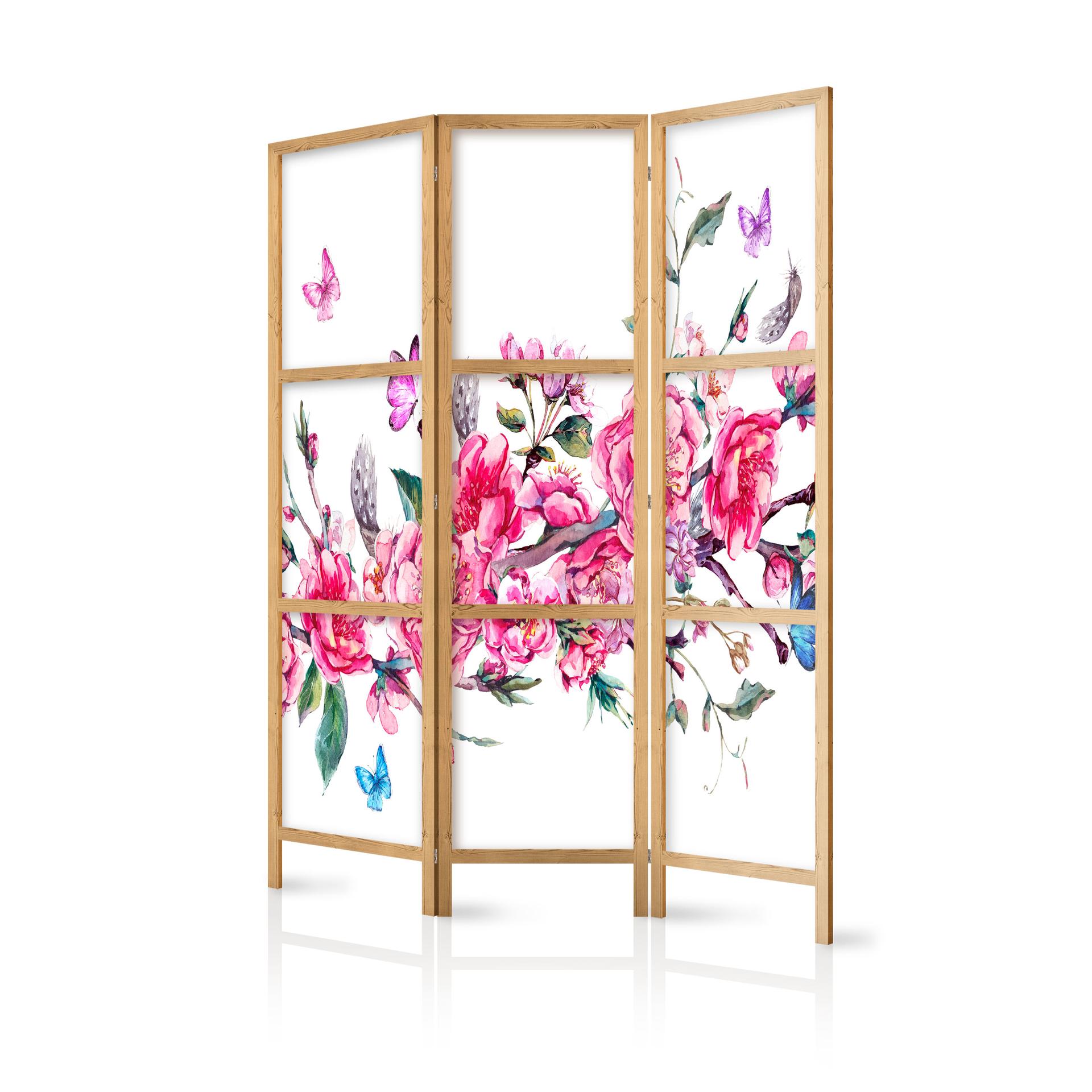 Japansk foldevæg til rumopdeling - Japansk stil: blomster og sommerfugle, 3-delt