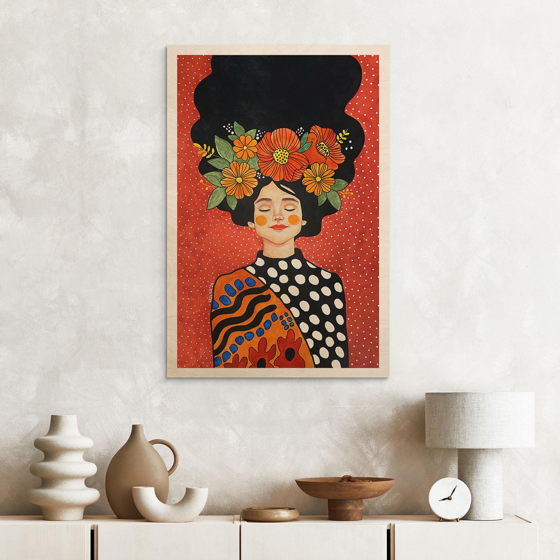 Billede af træ Smilende kvinde med orange blomster - Hülya