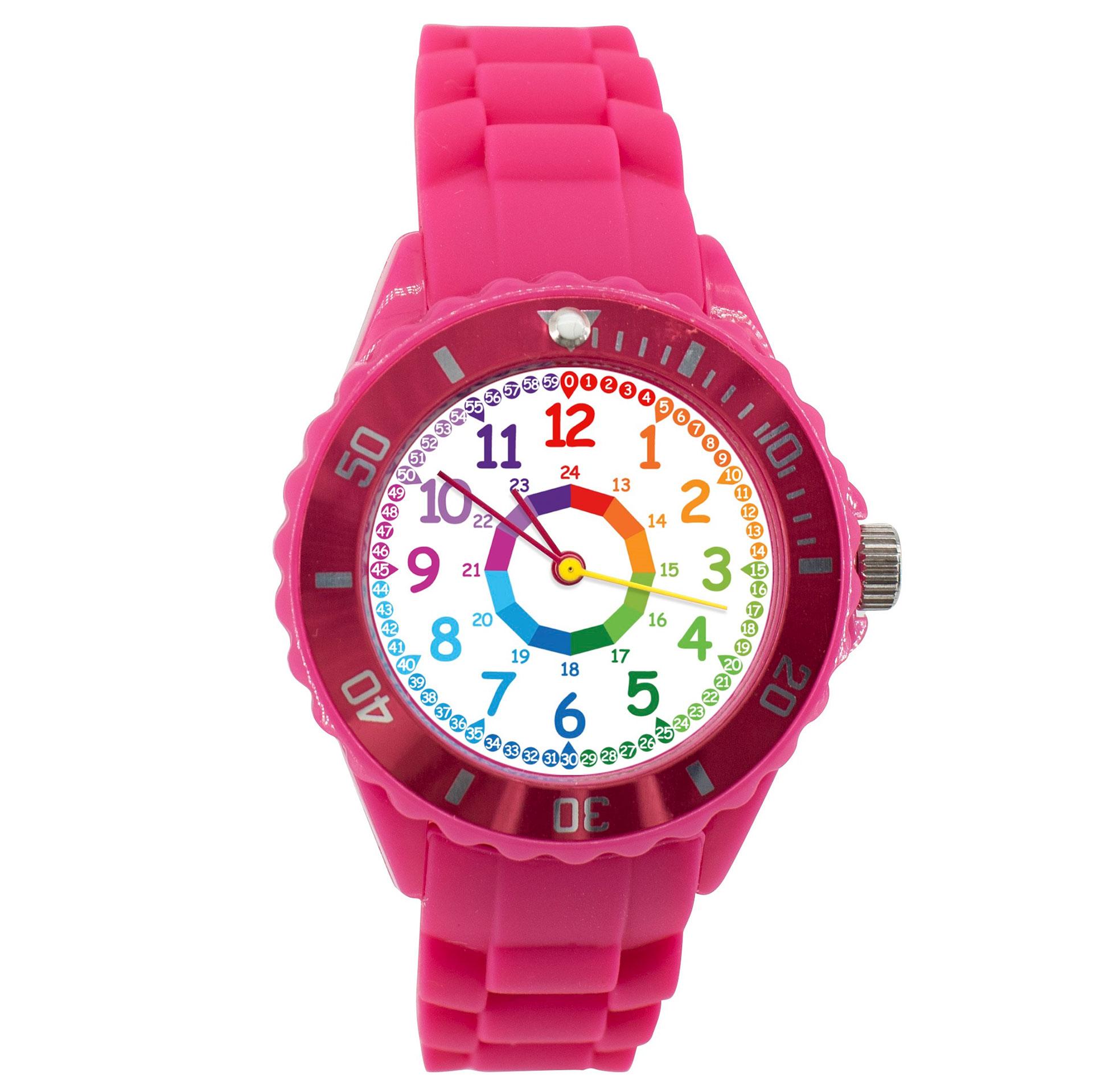 Kinder Armbanduhr - Lernuhr analog aus Silikon - Pink mit Regenbogen Zifferblatt