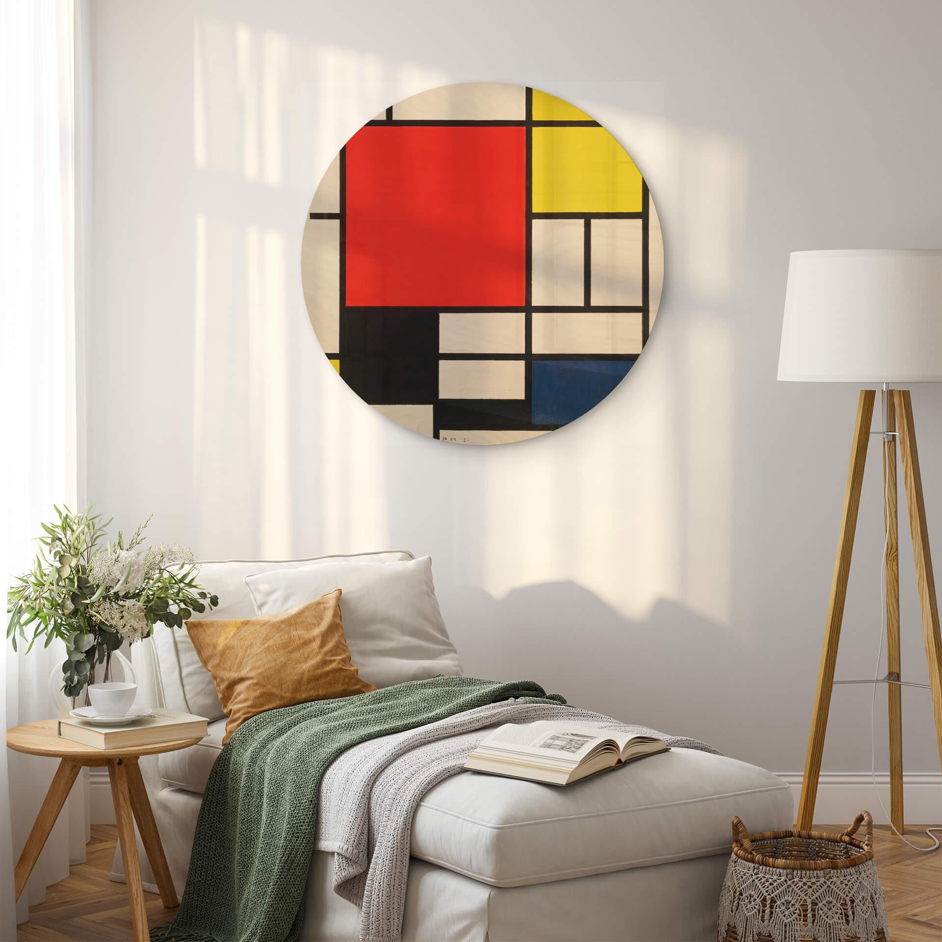 Mondrian Billede af træ - Komposition med rød gul blå og sort - Rund