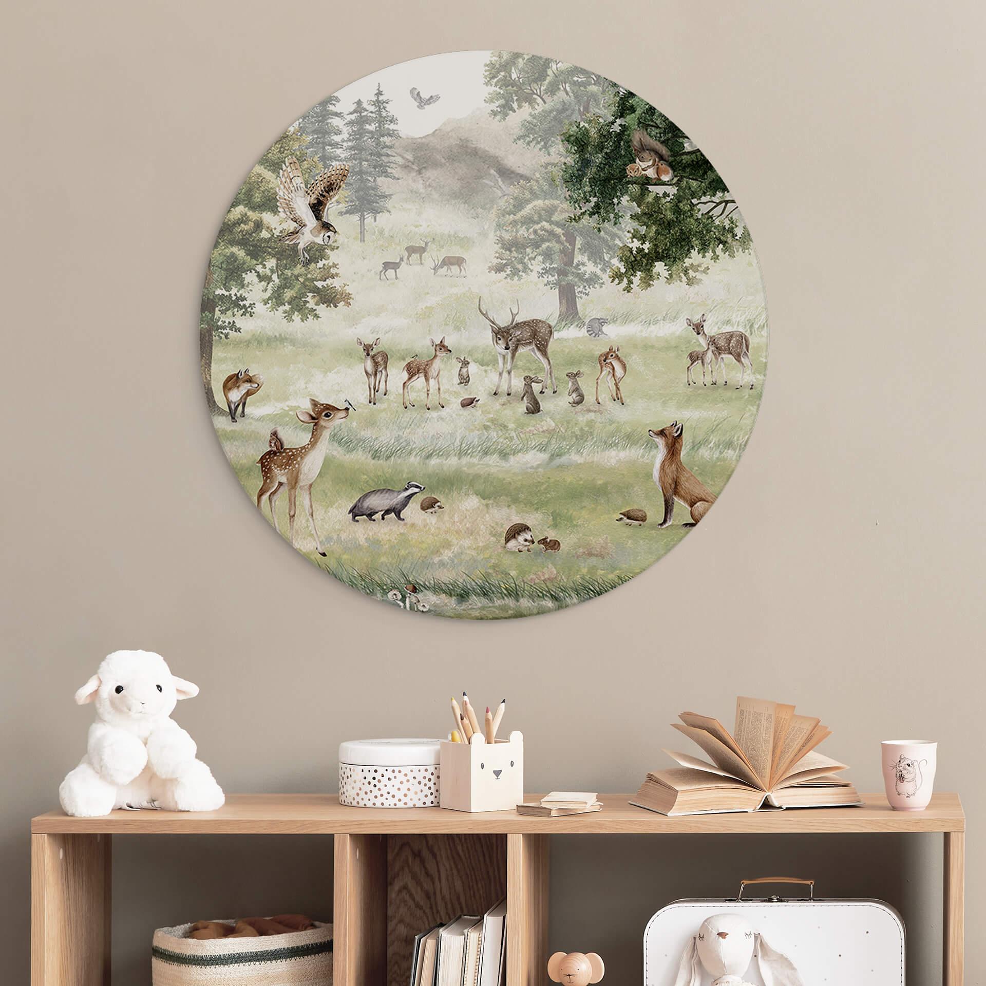 Kinderzimmer Wandbild Kikki Belle - Waldspaß - Alu-Dibond Rund