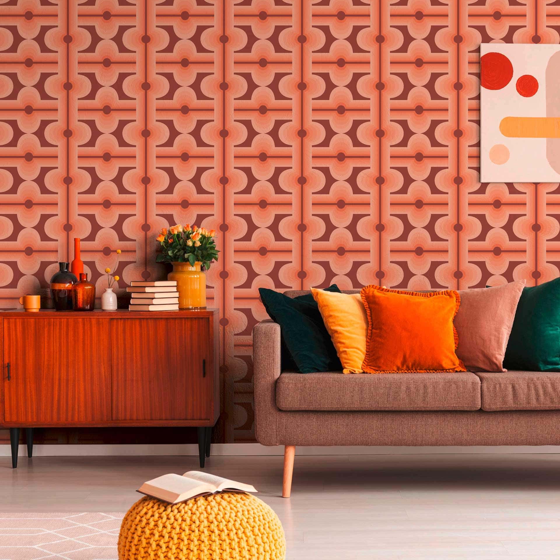 Vintage Ikke-vævet tapet rød orange - retro mønster tapet grafisk - grafisk tapet