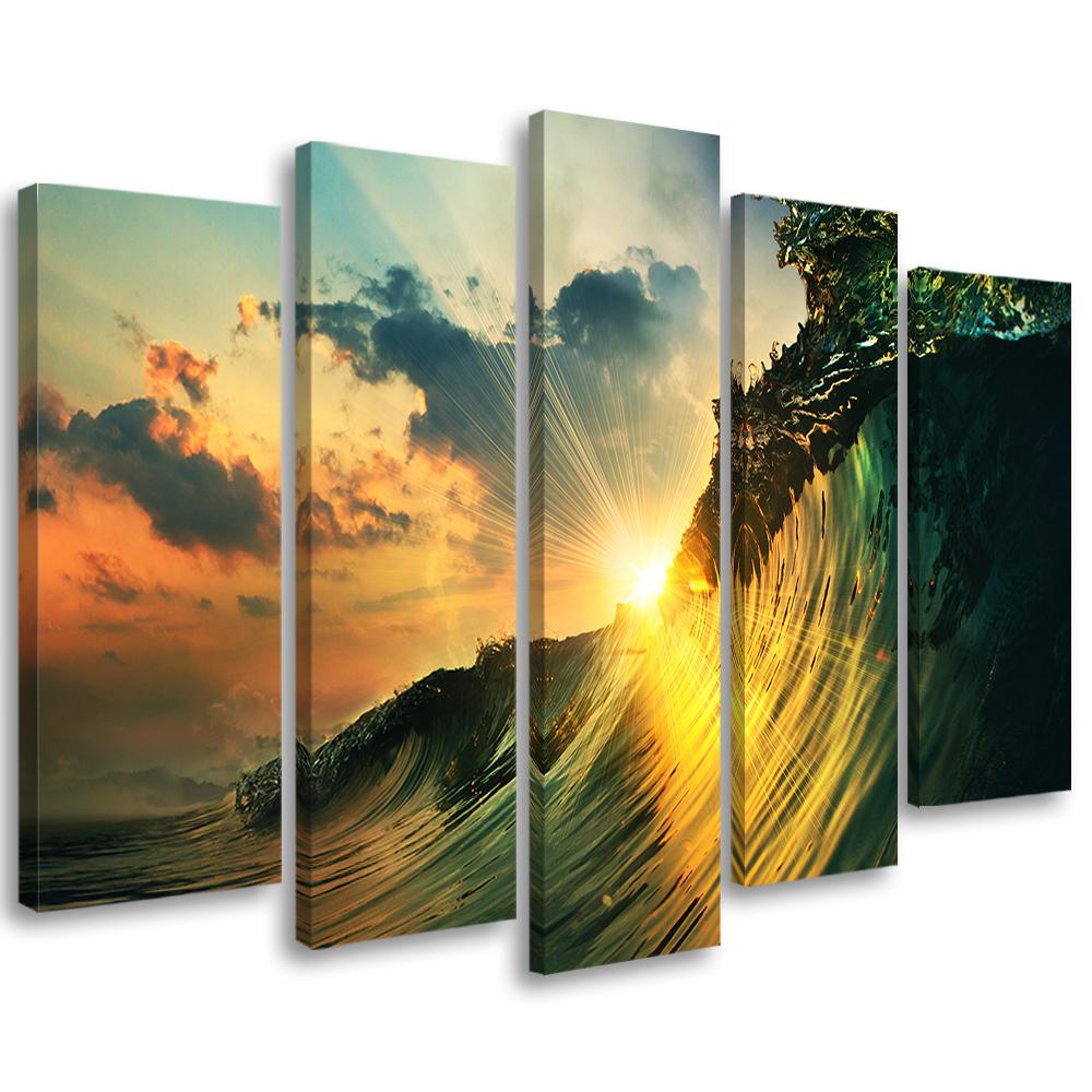 Lærredstryk 5 stykker, Waves Sea Sky Sunset