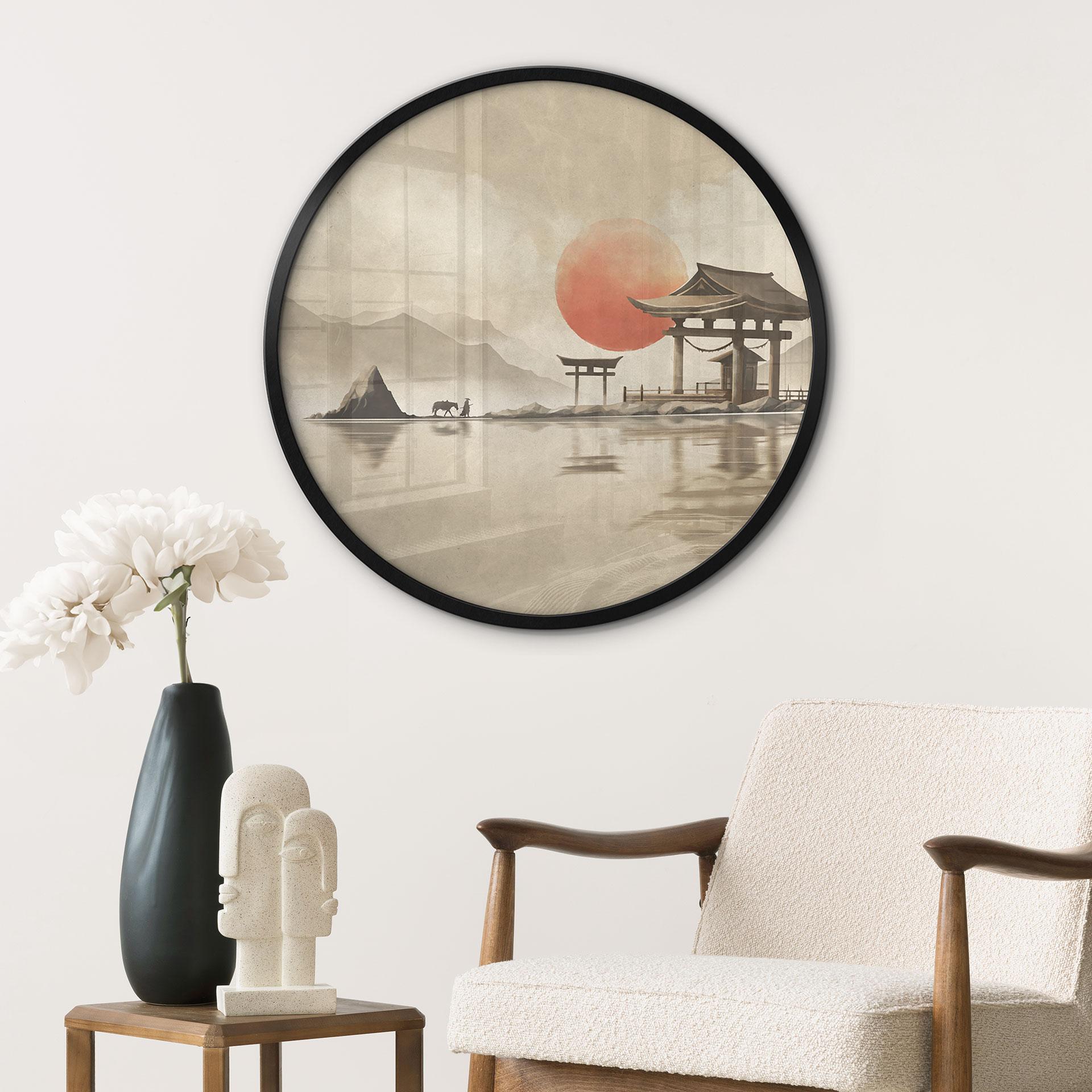 Plakat Japansk tempel ved solopgang - Roze - Round