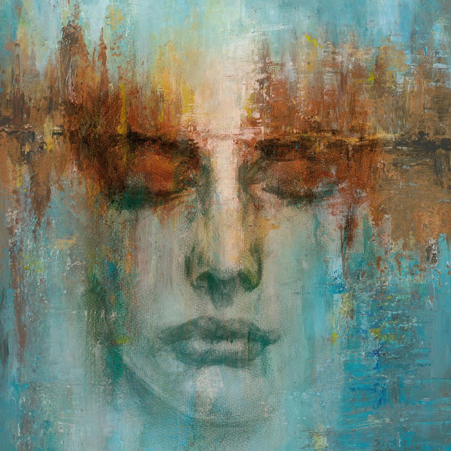Fotobehang in groen met abstracte gezichtsgrafiek modern 2,70 x 2,12m