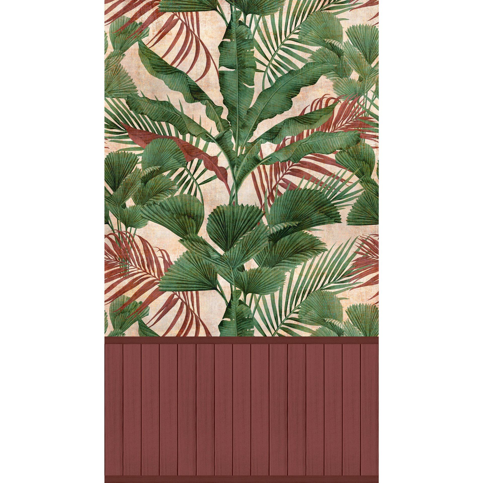 Jungle groen met rood beige houtpaneel behang - tropisch Vliesbehang, uittrekbaar