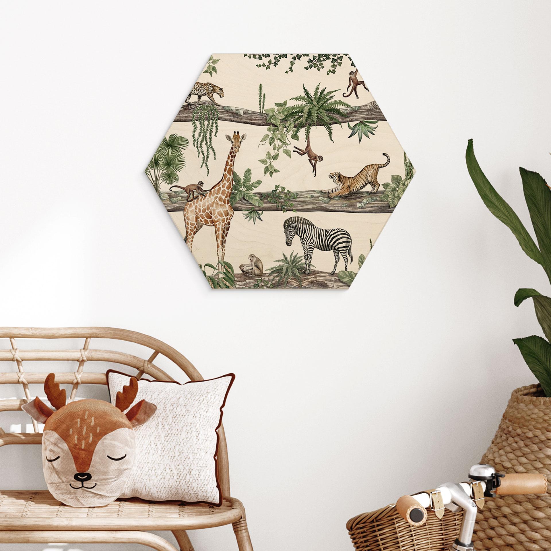 Hexagon Holzbild Afrikanische Tiere im Dschungel - Kikki Belle