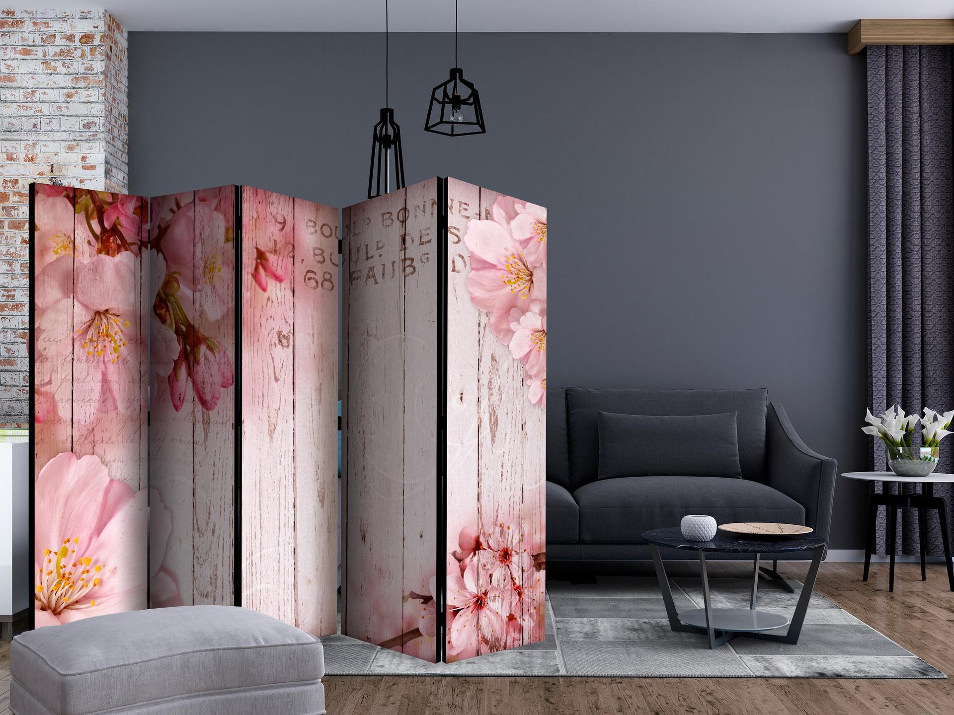 Divisorio per sala - Fiori di melo rosa, 5 pezzi - 225x172 cm