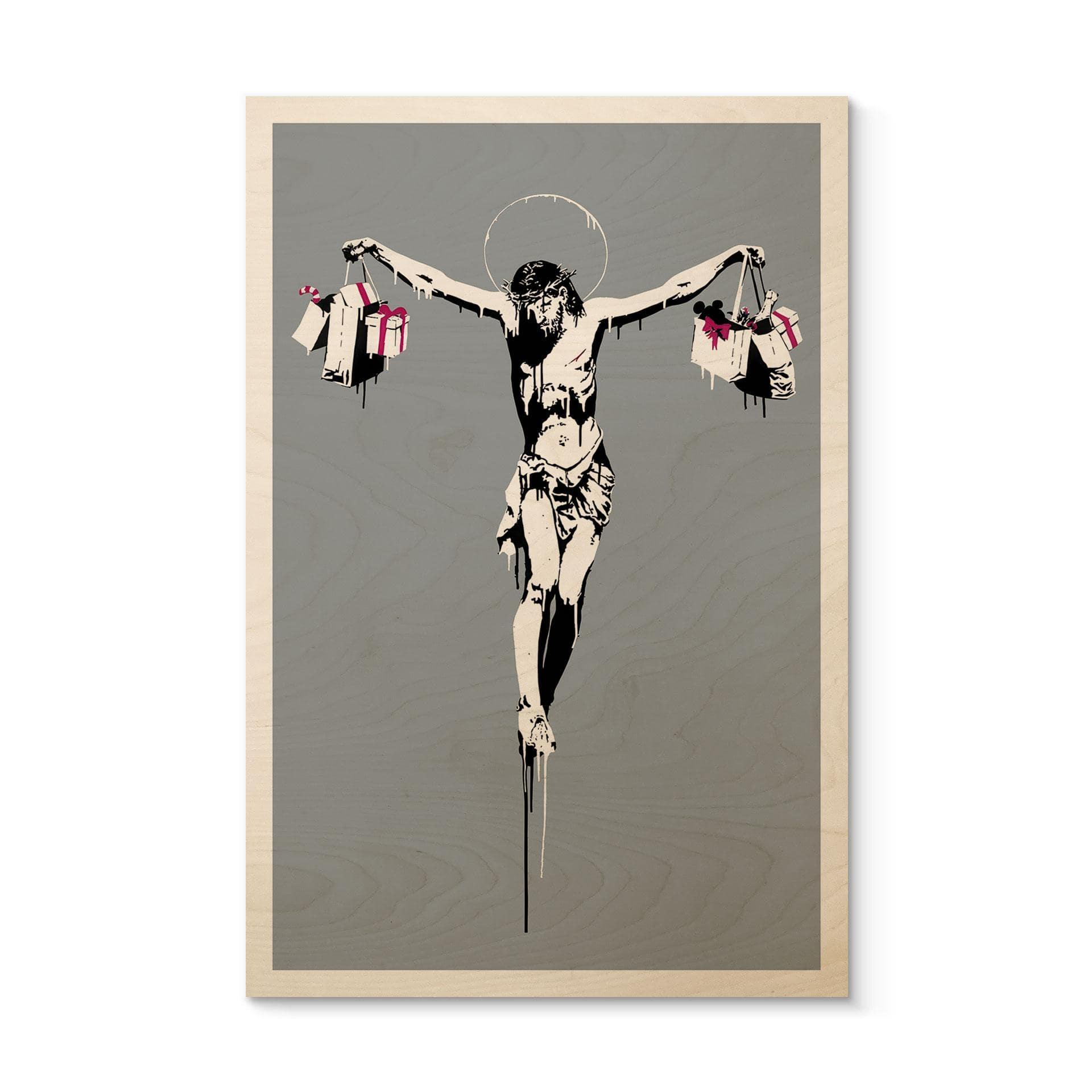 Banksy Billede af træ - Jesus Kristus med indkøbsposer