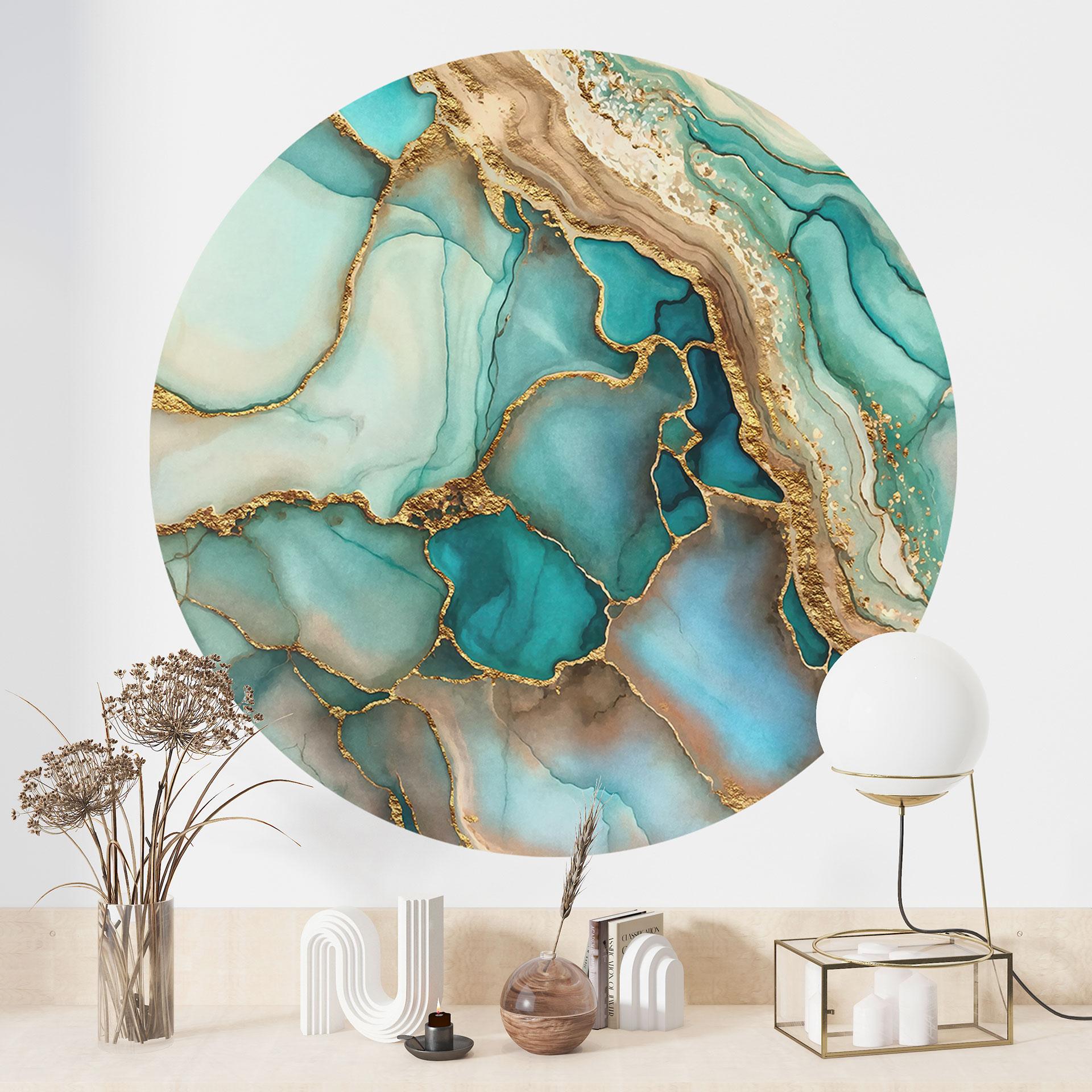 Wallsticker Marmorerede bølger i turkis og guld - Haase - Rund