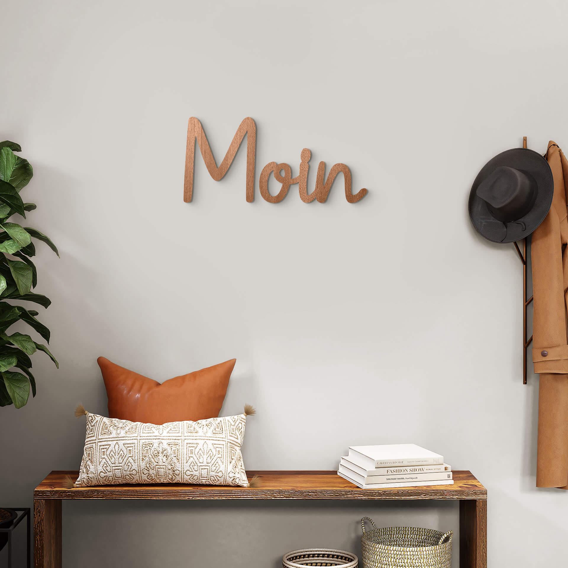 3D Holz Schriftzug Moin - norddeutscher Gruß - Mahagoni