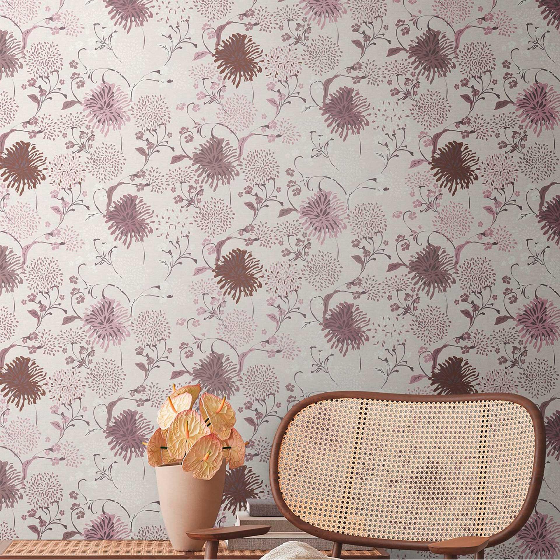blomstertapet abstrakt hvid violet - blomstertapet - naturligt stuetapet