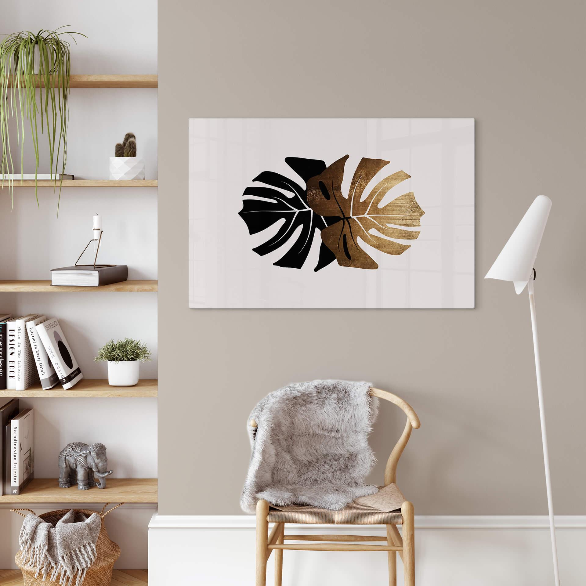 Glasschilderij Kubistika - Black & Gold Monstera