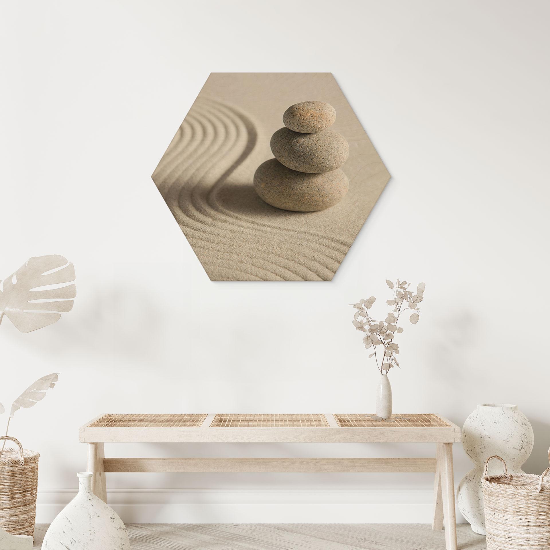 Sekskantet billede af træ Stone in Sand 2