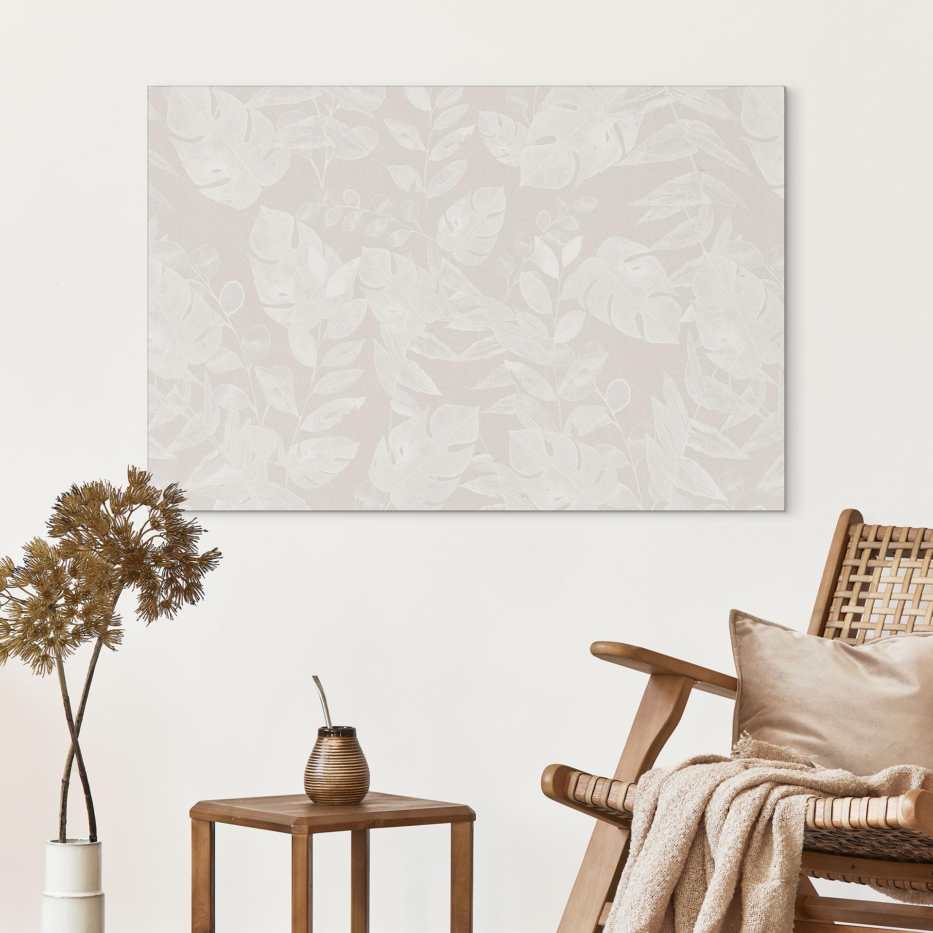 Billede af tropiske blade i beige - Bloomery Decor – print på aluminium (Alu-Dibond)