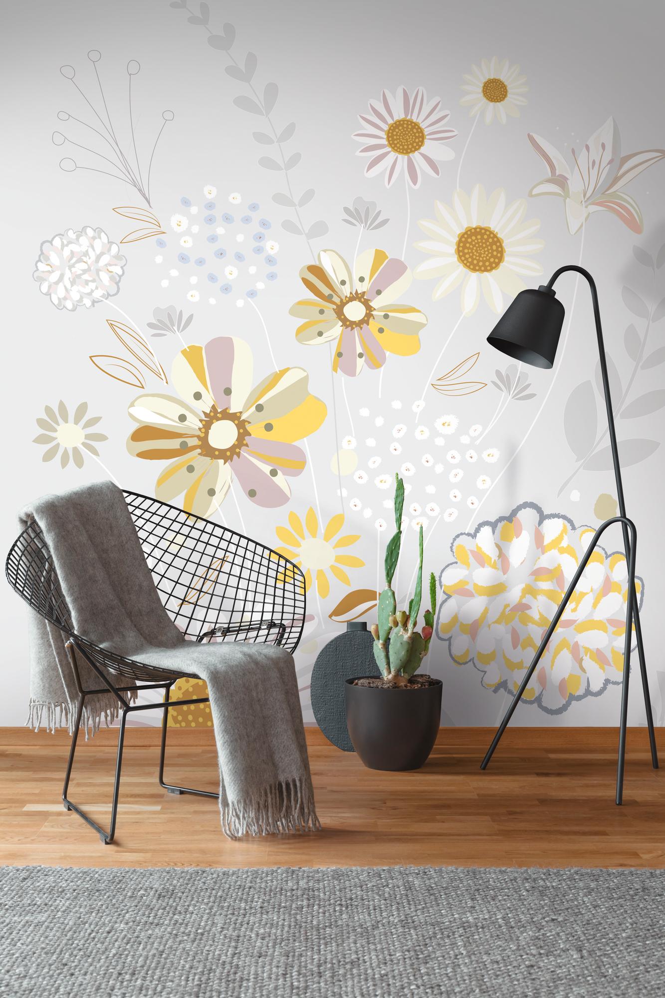 blomstertapet grå gul - non-woven tapet Floral Livingwalls - mat og glat