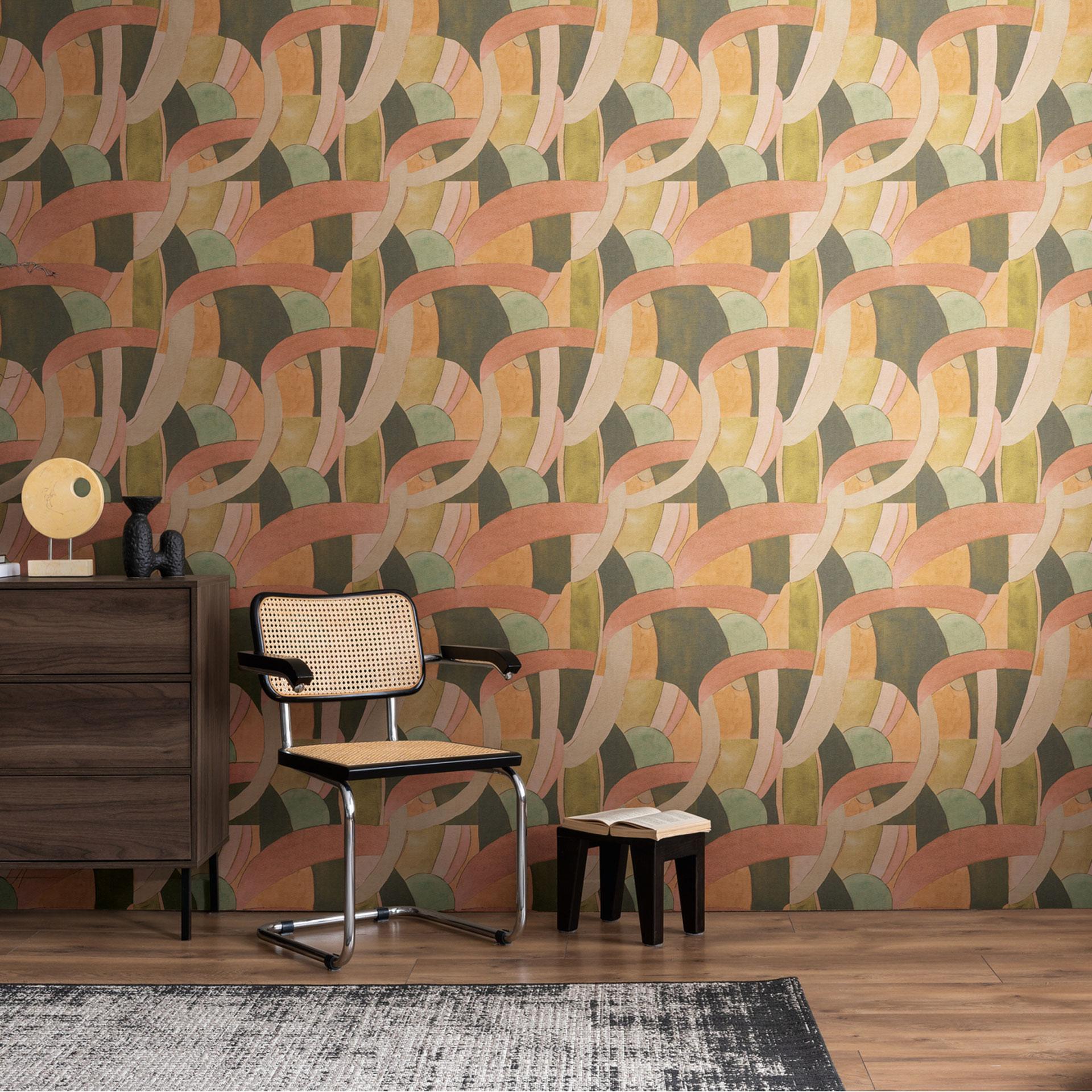 Abstrakt tapet med mønster i terracotta grøn beige - kunstnerisk ikke-vævet tapet