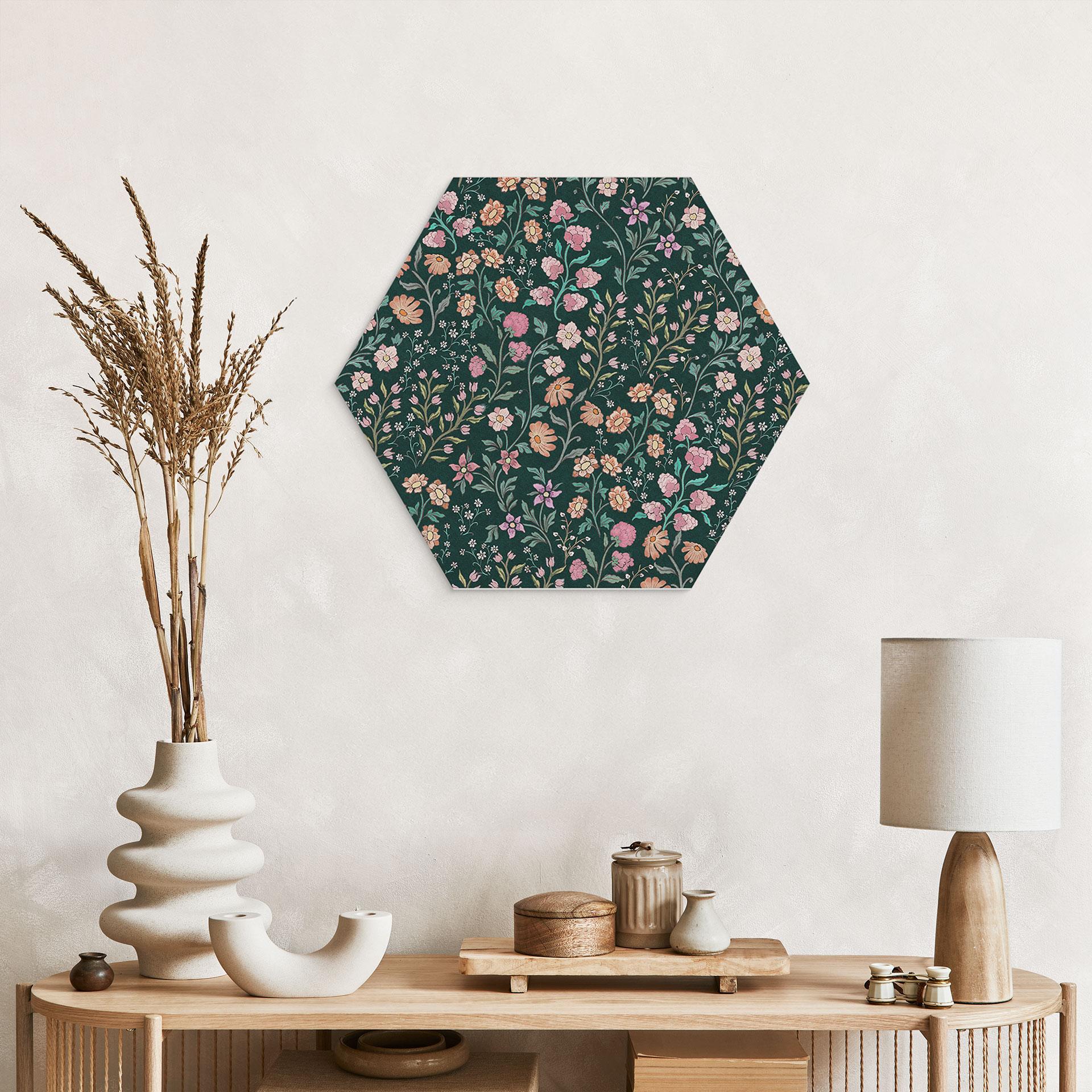 Sekskantet Billede Engblomster Vintage - Mørkegrøn - Blomsterdekoration - Aluminium Dibond