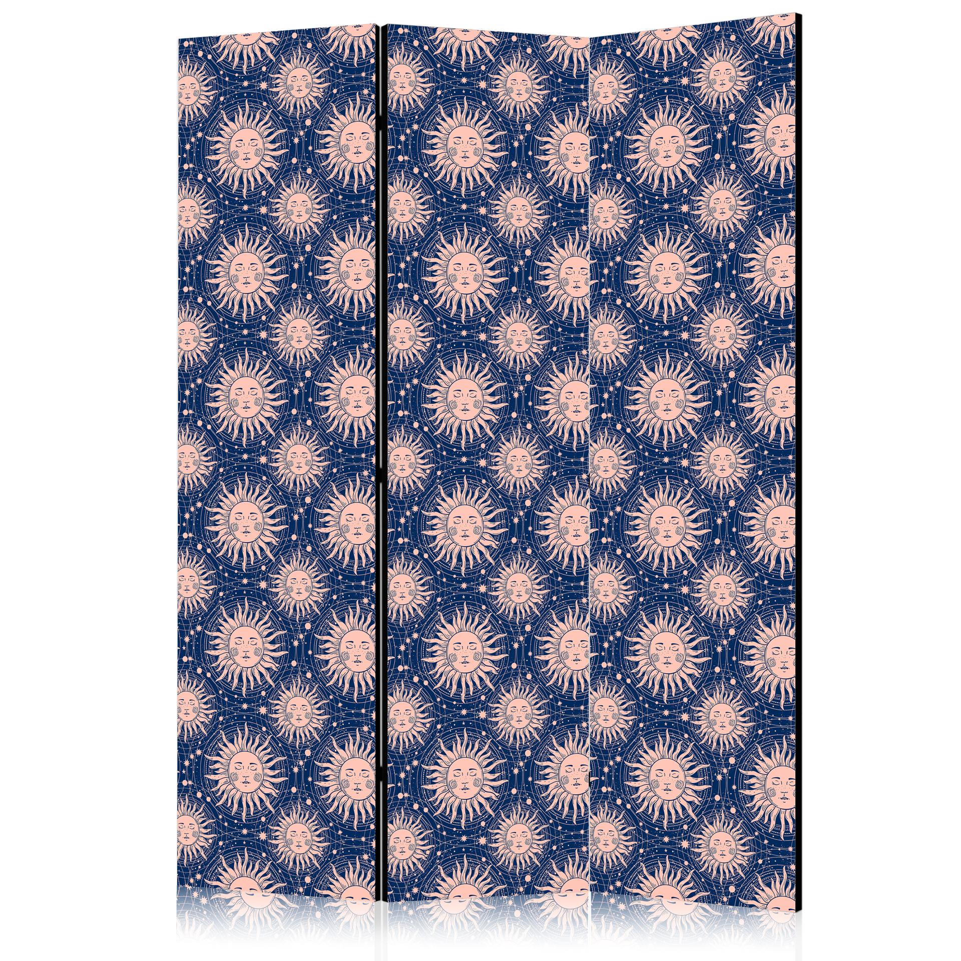 Paravent, Raumteiler freistehend, Trennwand - Sunny Patterns - Repeating Sun Motif on a Navy Backgro