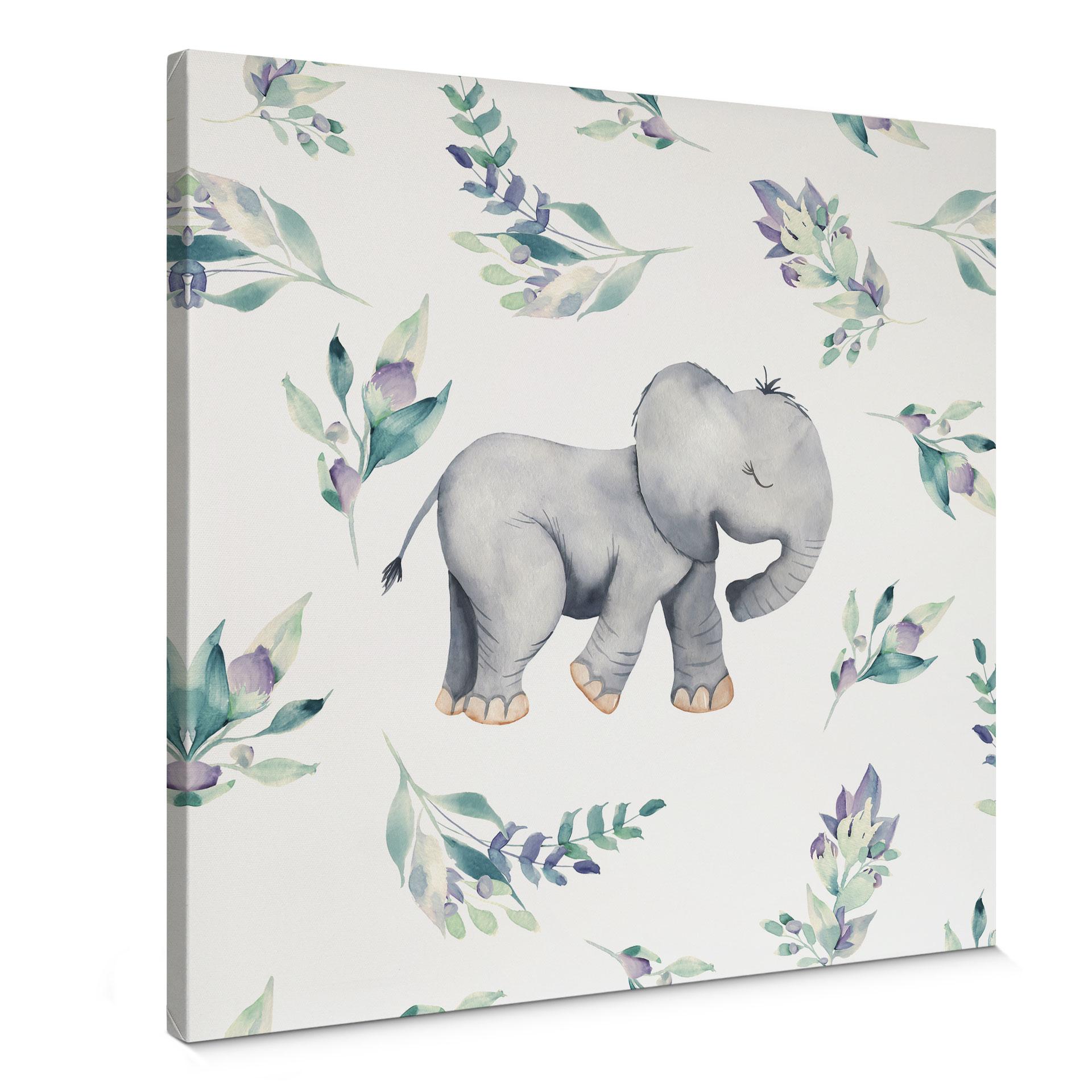 Lærredsprint - Sød babyelefant mellem boho-grene - UN Designs