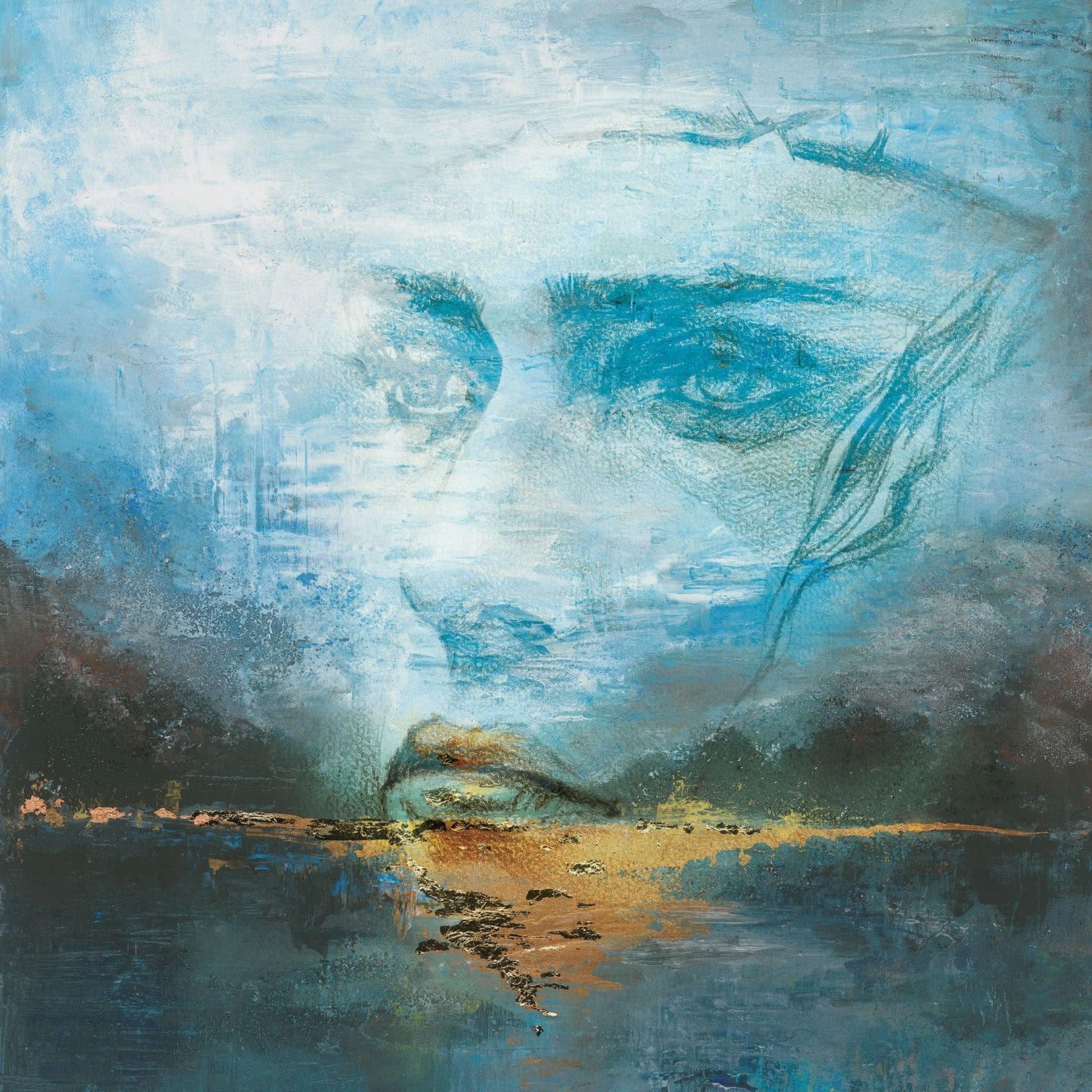 Fotobehang in blauw met abstracte gezichtsgrafiek natuur 2,70 x 2,12m