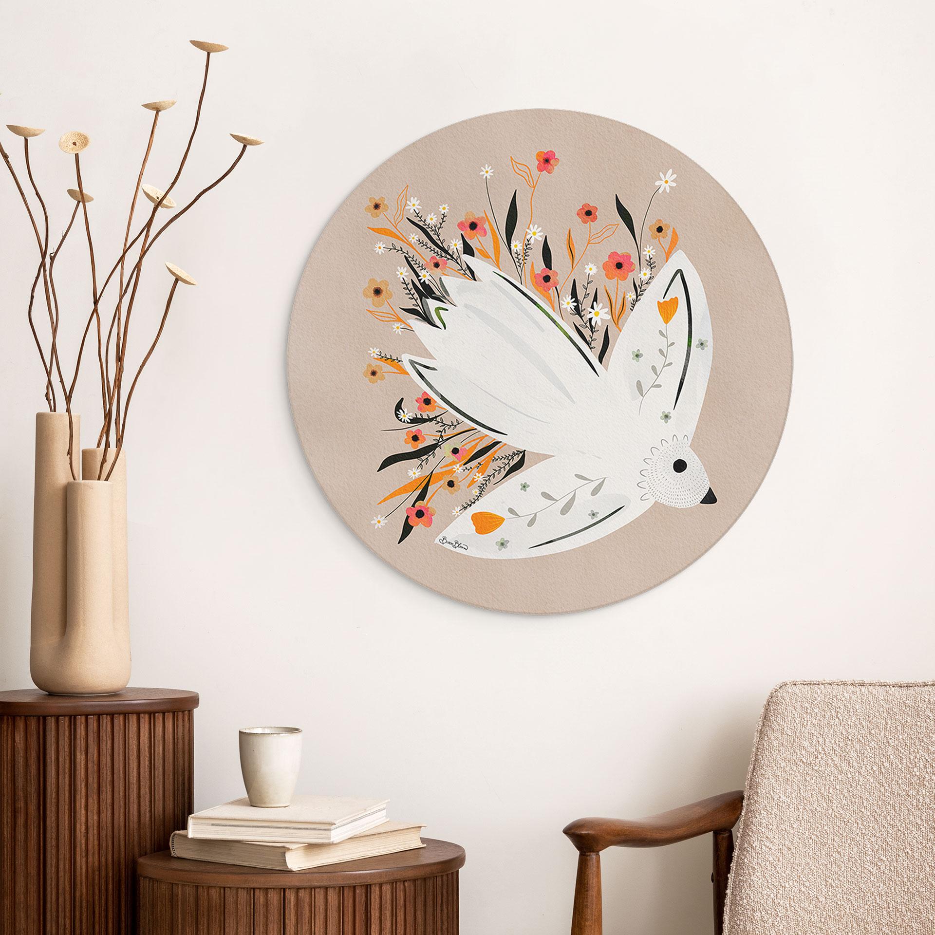 Dibond vægdekoration Fredsdue med små blomster - Bloom – print på aluminium (Alu-Dibond)