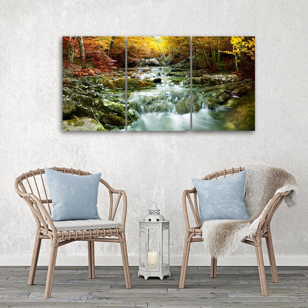 3 stykke lærred Print Autumn Forest Waterfall Rocks