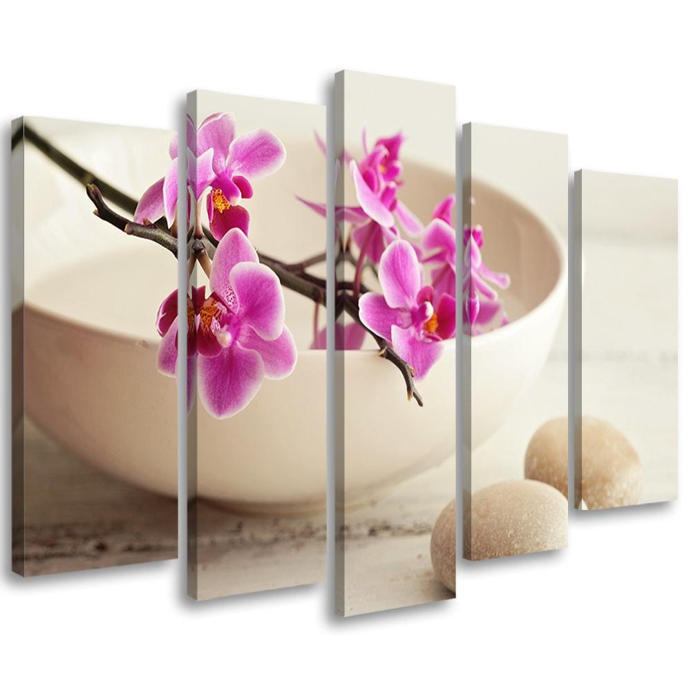 5 stykke lærredsprint, Orchid Bowl Flowers Beige