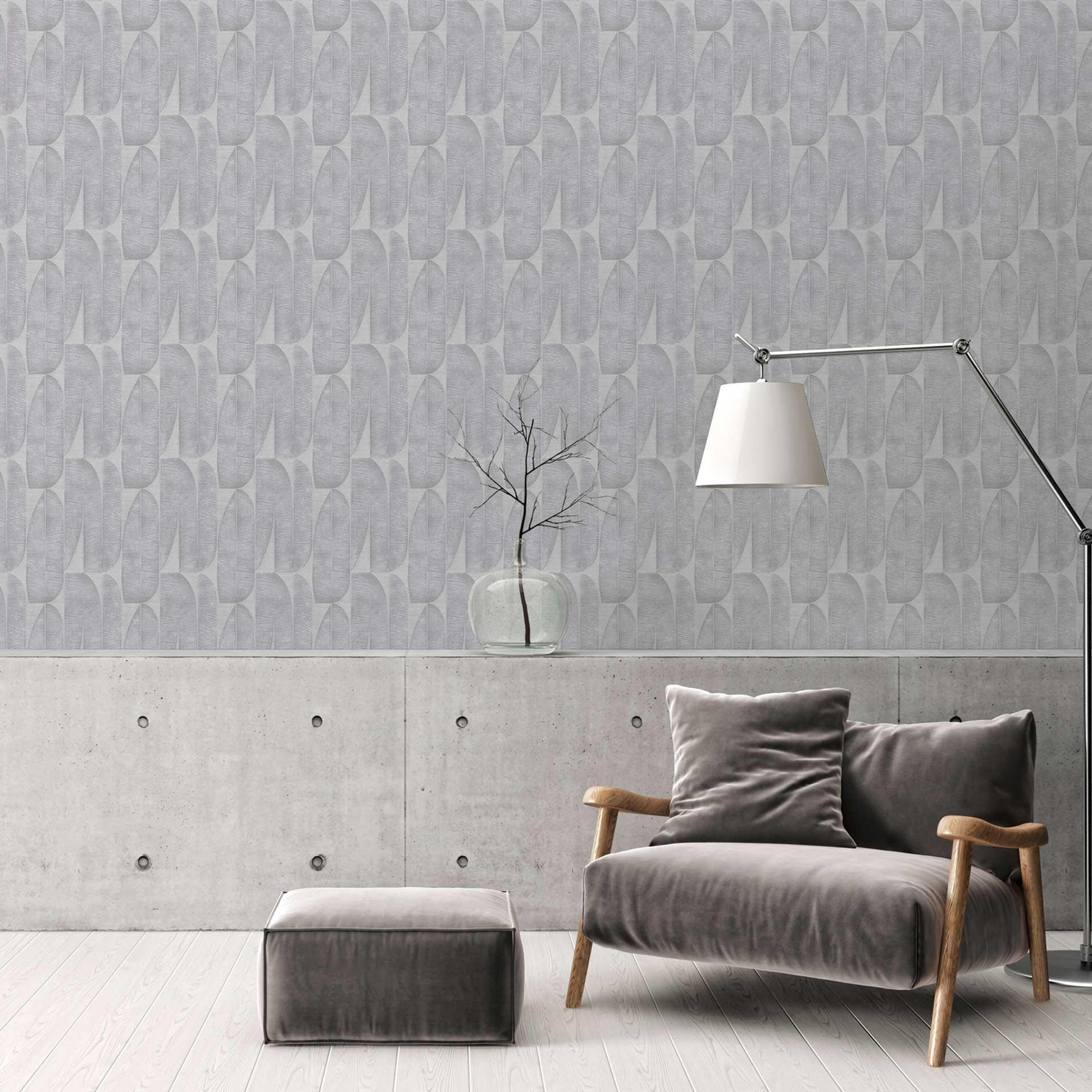 Moderno papel pintado no tejido con motivo de hojas en gris pizarra - elegante decoración de pared