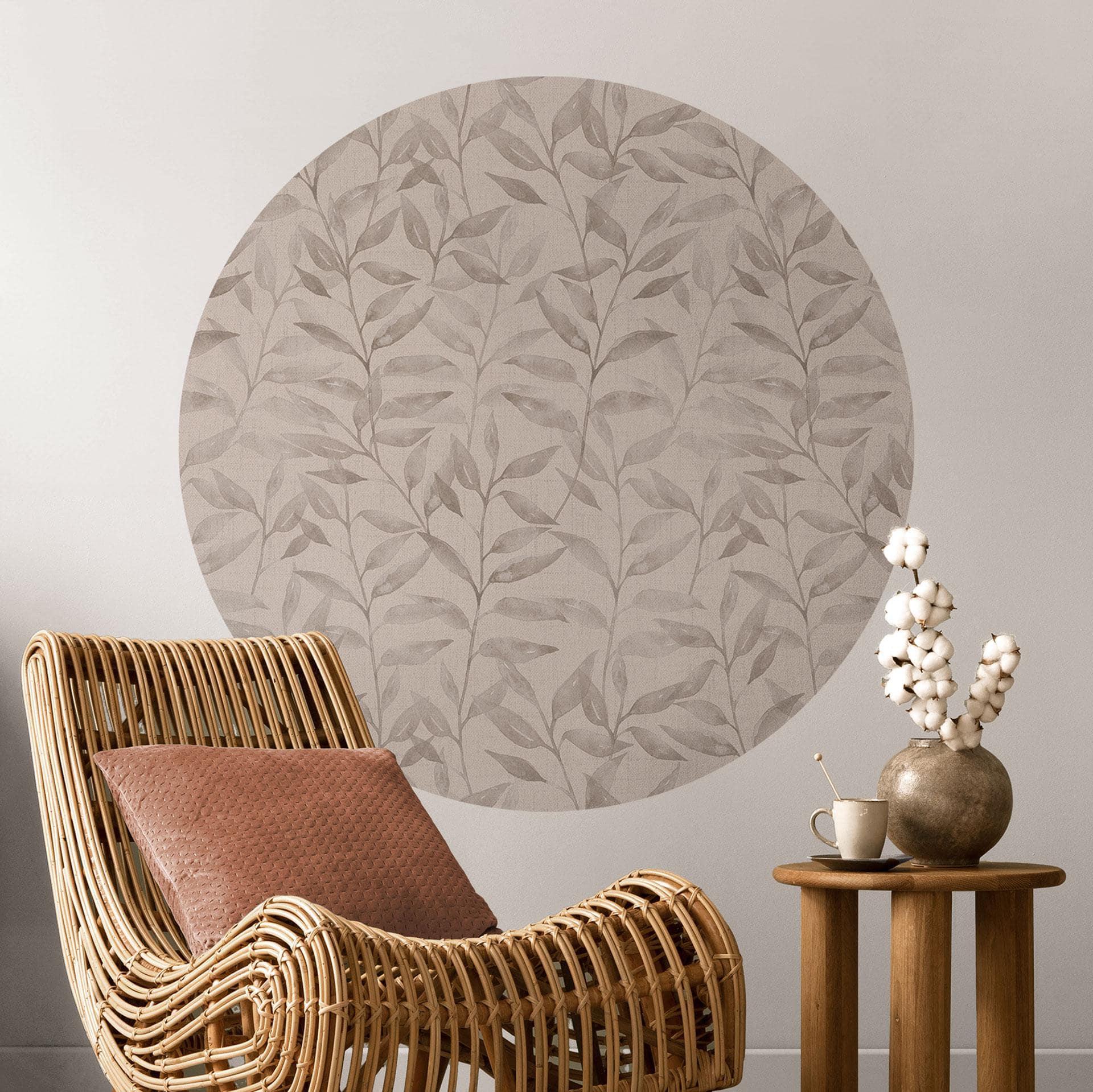 Delikate akvarelblade Wallsticker - Blød grå - Blomsterdekor - Rund