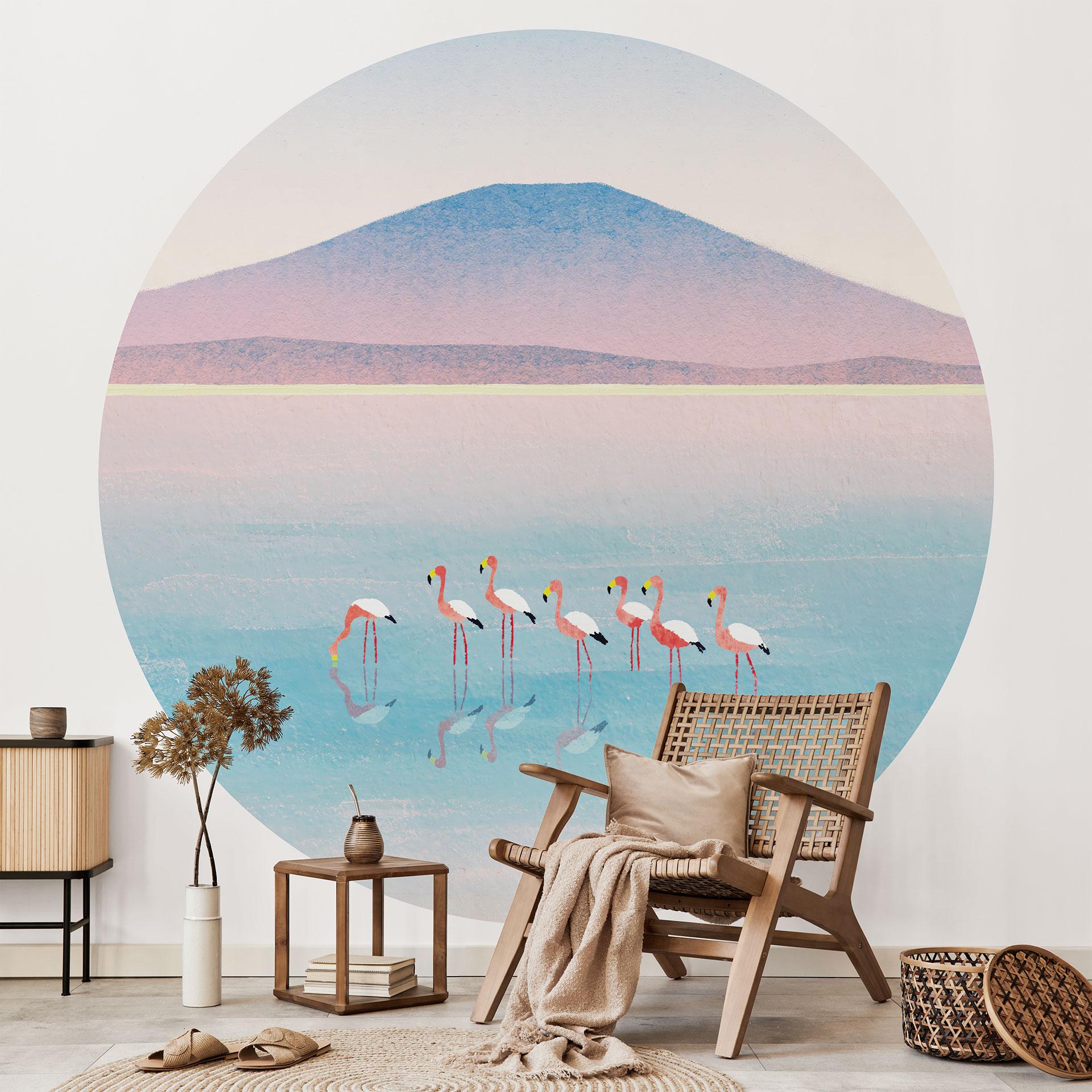 Fotomural redondo Lago de tonos pastel con flamencos - Rivers