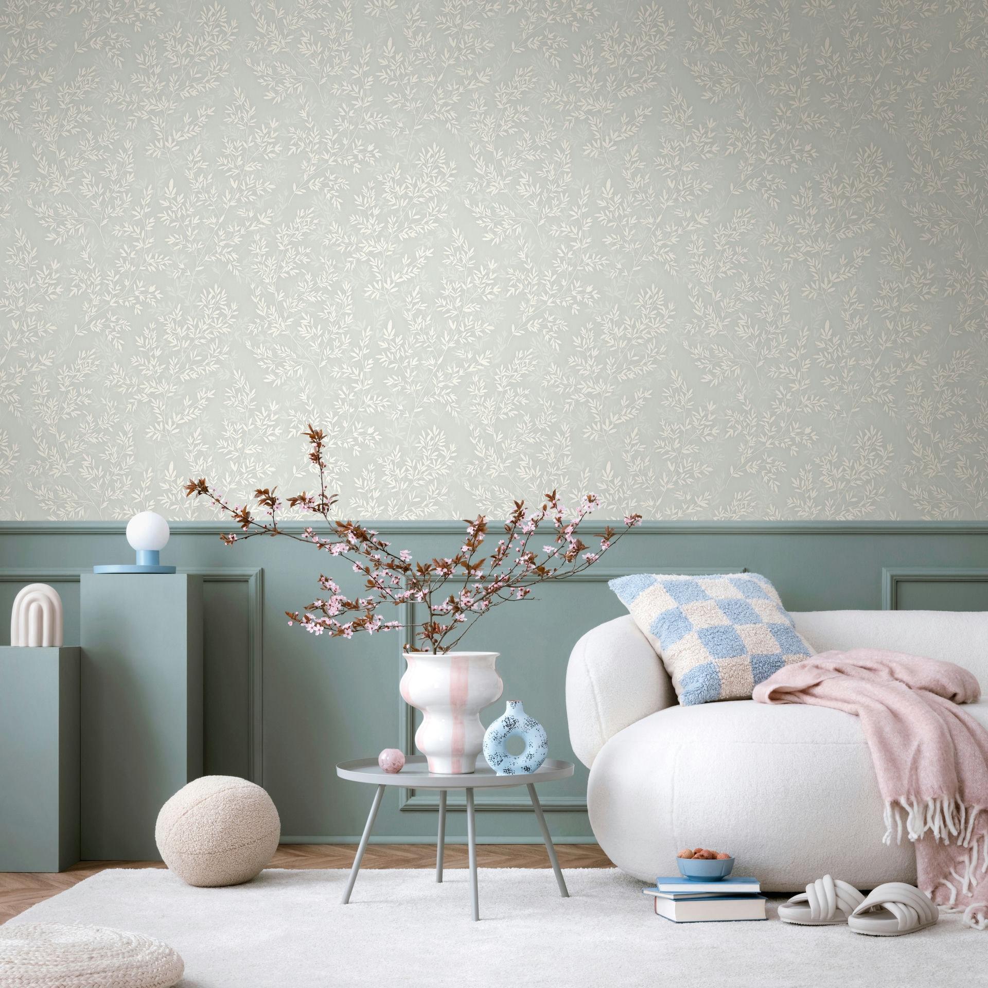 Vliesbehang bladeren bloem natuur mat in groen wit