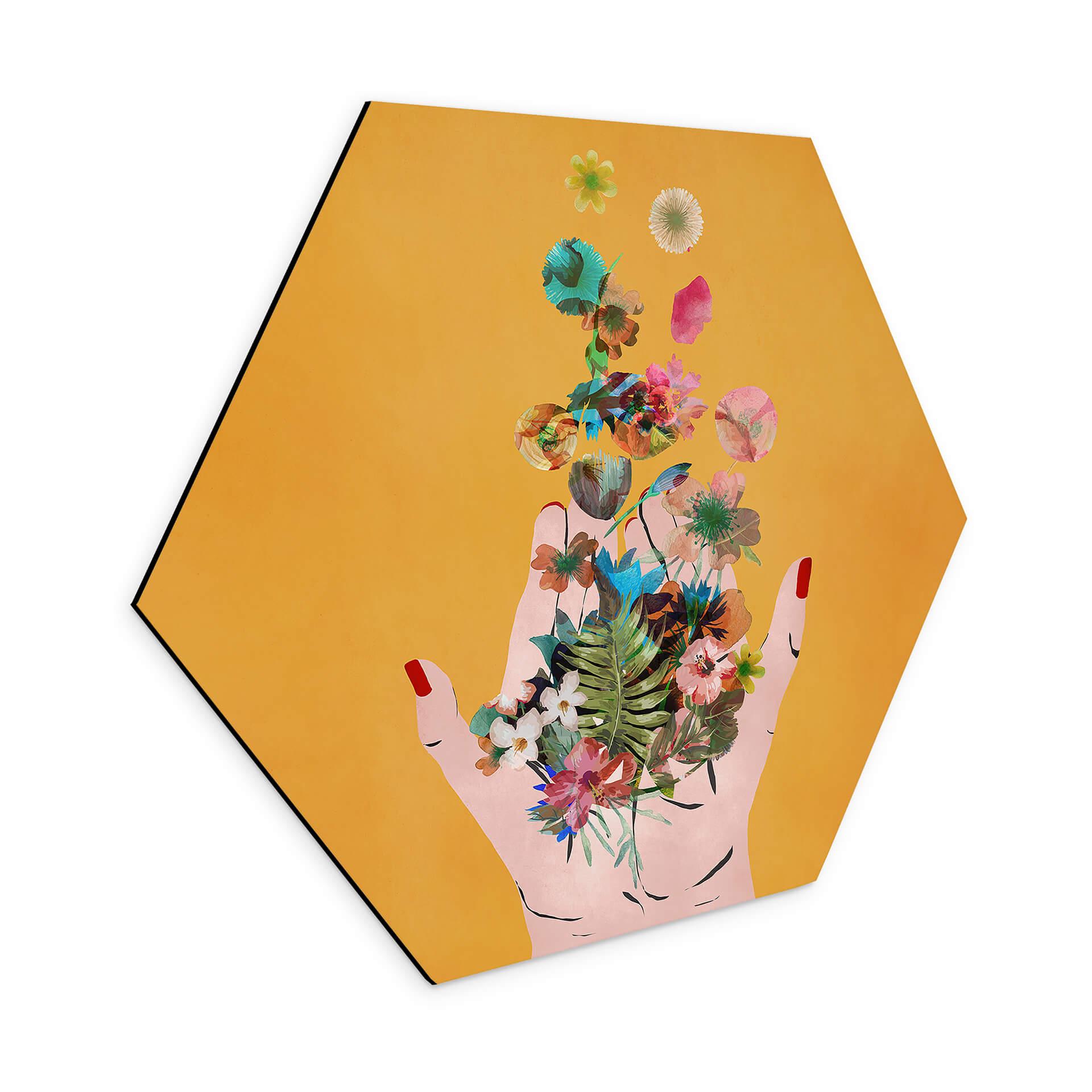 Hexagon Dibond Treechild - Colorful flowers in Frida's hands
