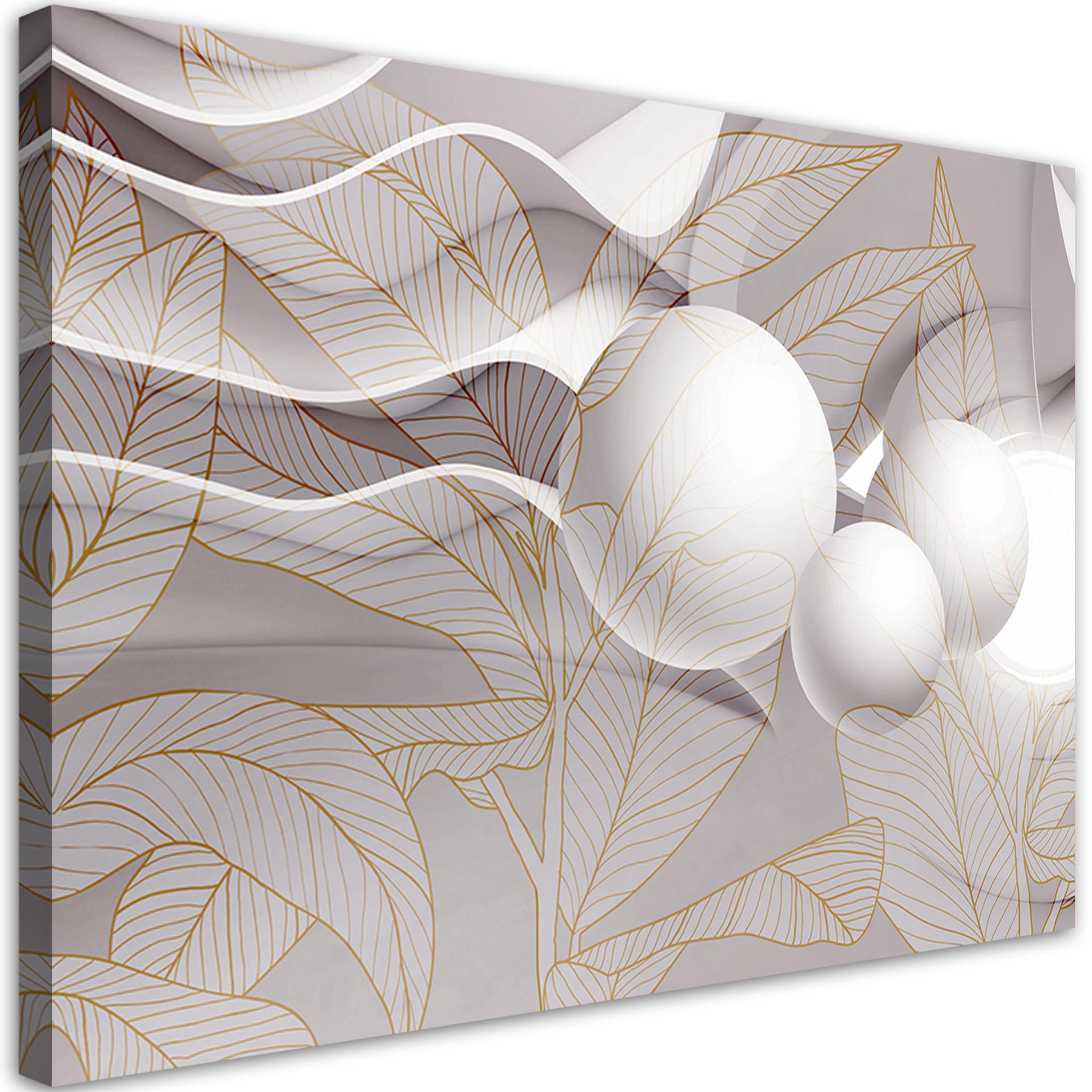 Canvasbillede, gyldne blade og 3D-kugler