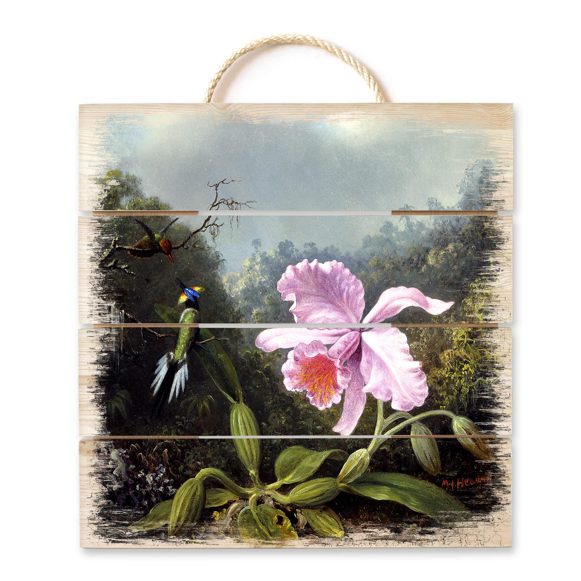 Holzbild Heade - Stillleben mit Orchidee und Kolibris - 40x41,5 cm