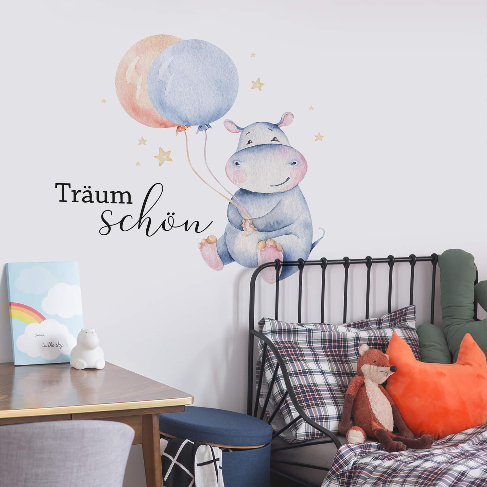 Wandtattoo Kvilis - Träum schön - Flusspferd mit Luftballons