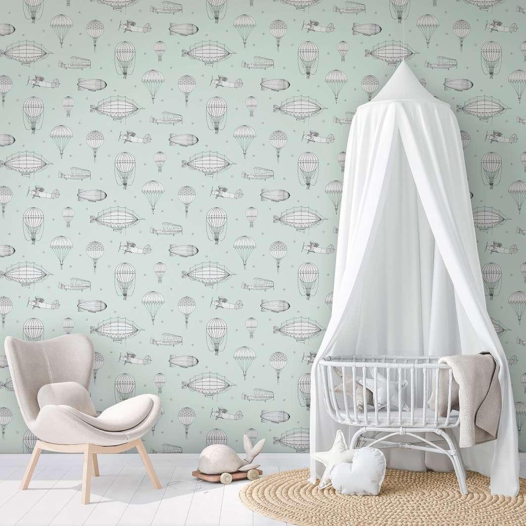 Børnetapet, non-woven tapet med illustration Kids Walls grøn, hvid