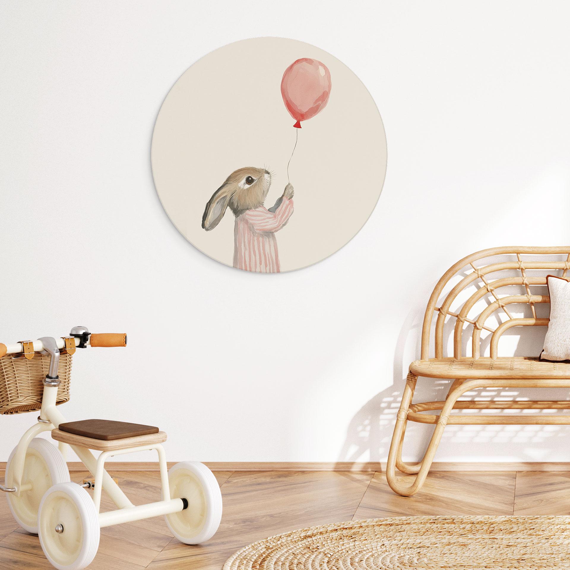 Billede Sød kanin med ballon - Treechild - rund – print på aluminium (Alu-Dibond)