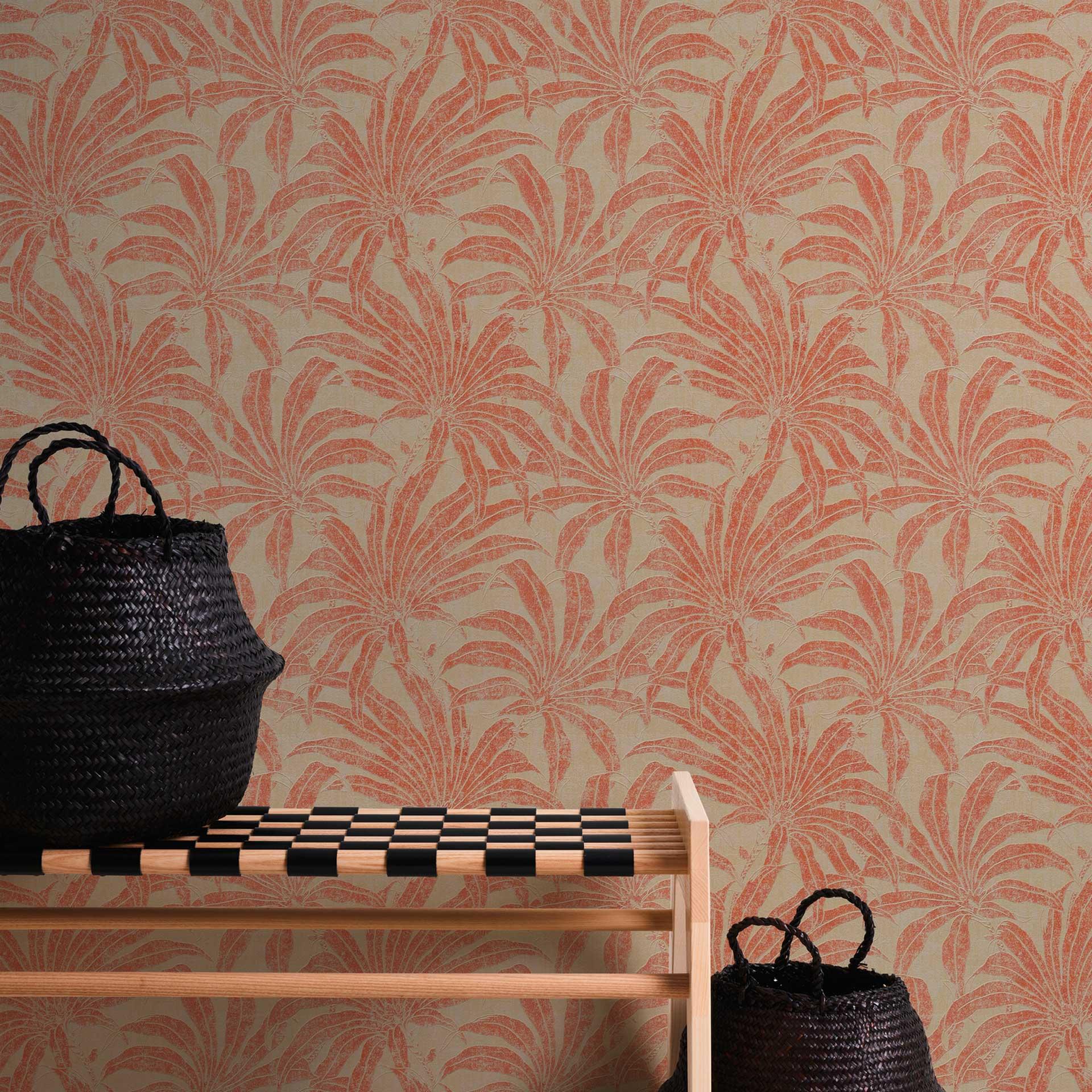 jungletapet lys blank beige rød - mønstret tapet med planter