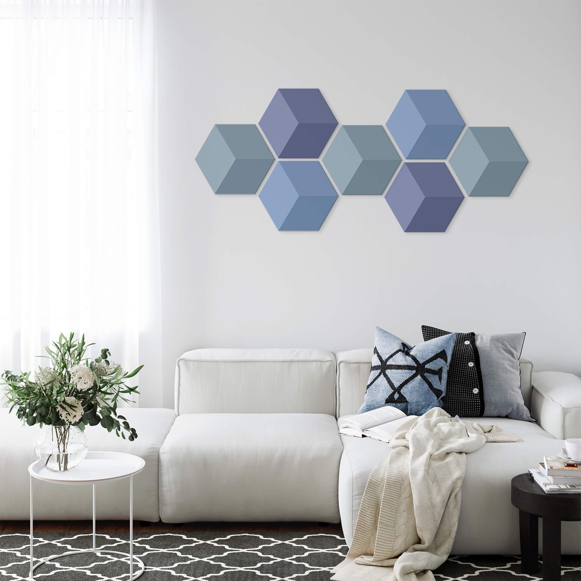 3D Hexagon Alu-Dibond sæt - Blå (sæt med 7)