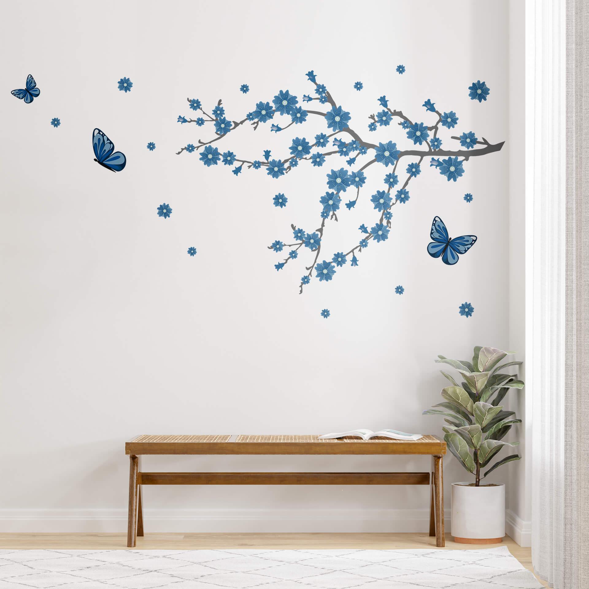 Muursticker Blauwe Bloesem met Vlinders