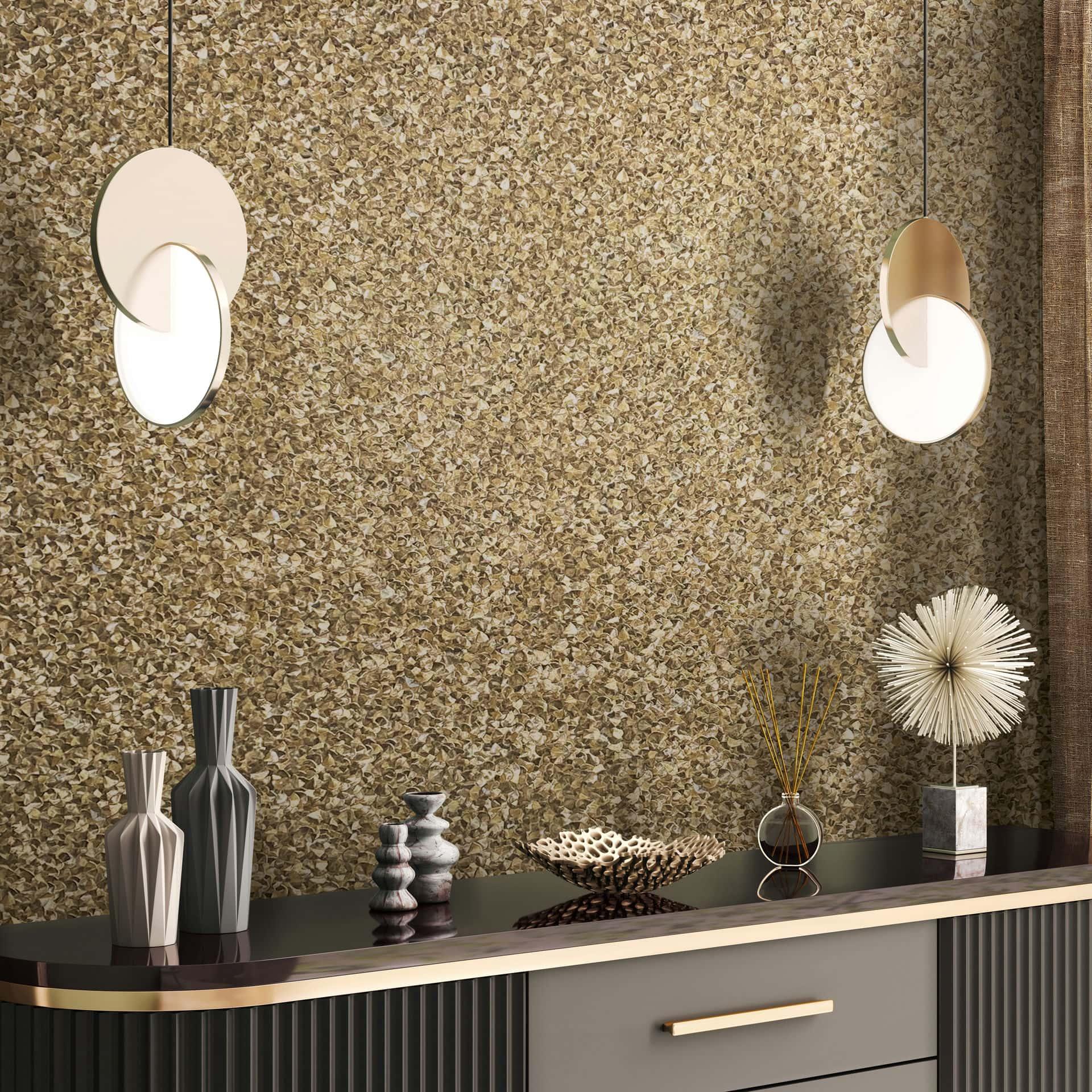 vliesbehang met kleine glimmende blaadjes goud effen van Harald Glööckler