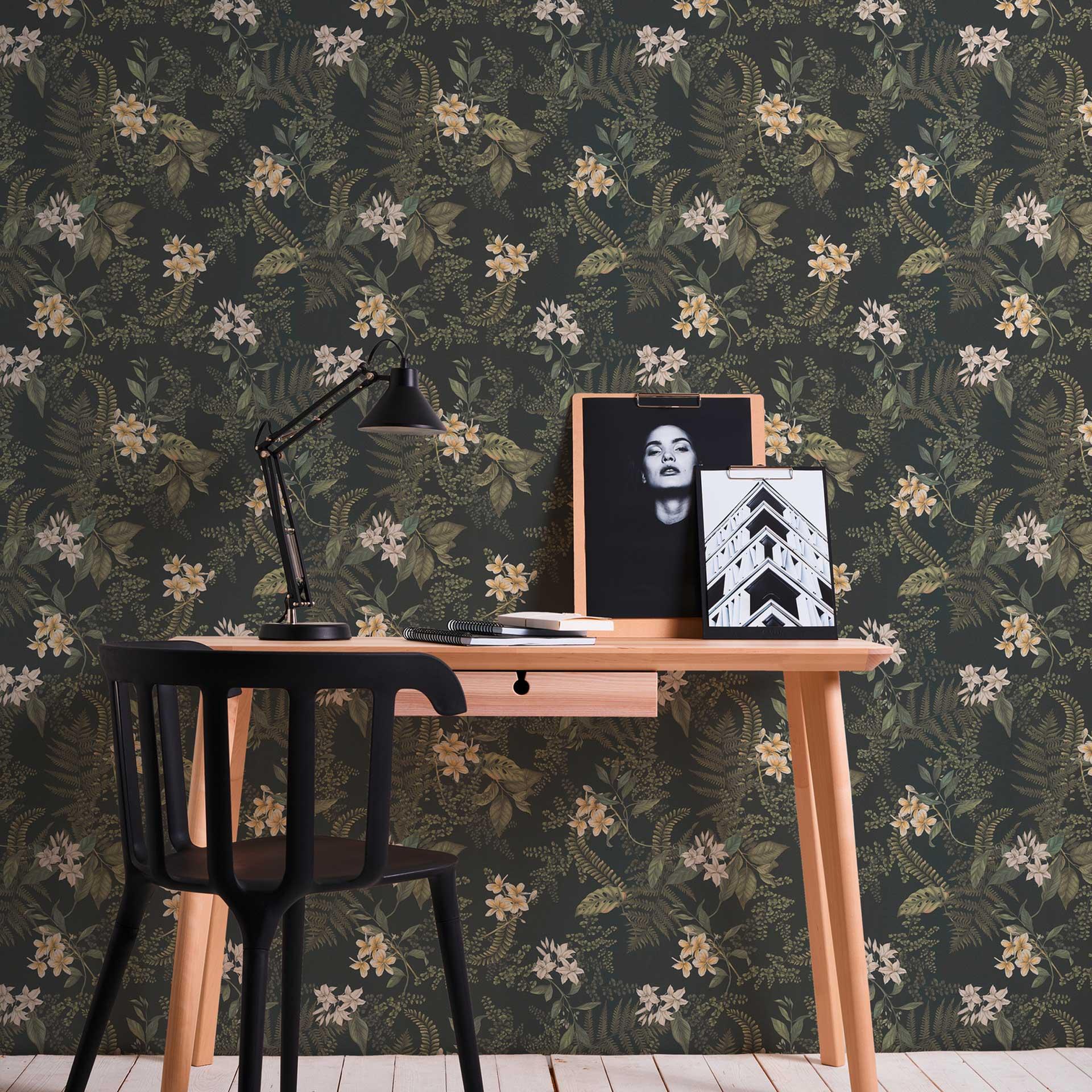 plantetapet med blomster sort grøn - non-woven tapet med blomstermotiver