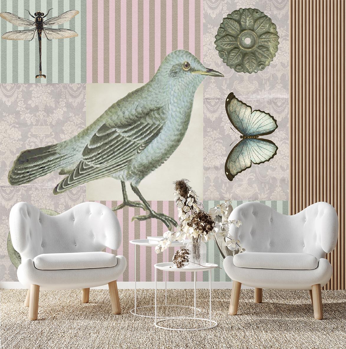 Fototapete, Shabby Chic Vogel auf rosa Hintergrund - Andrea Haase