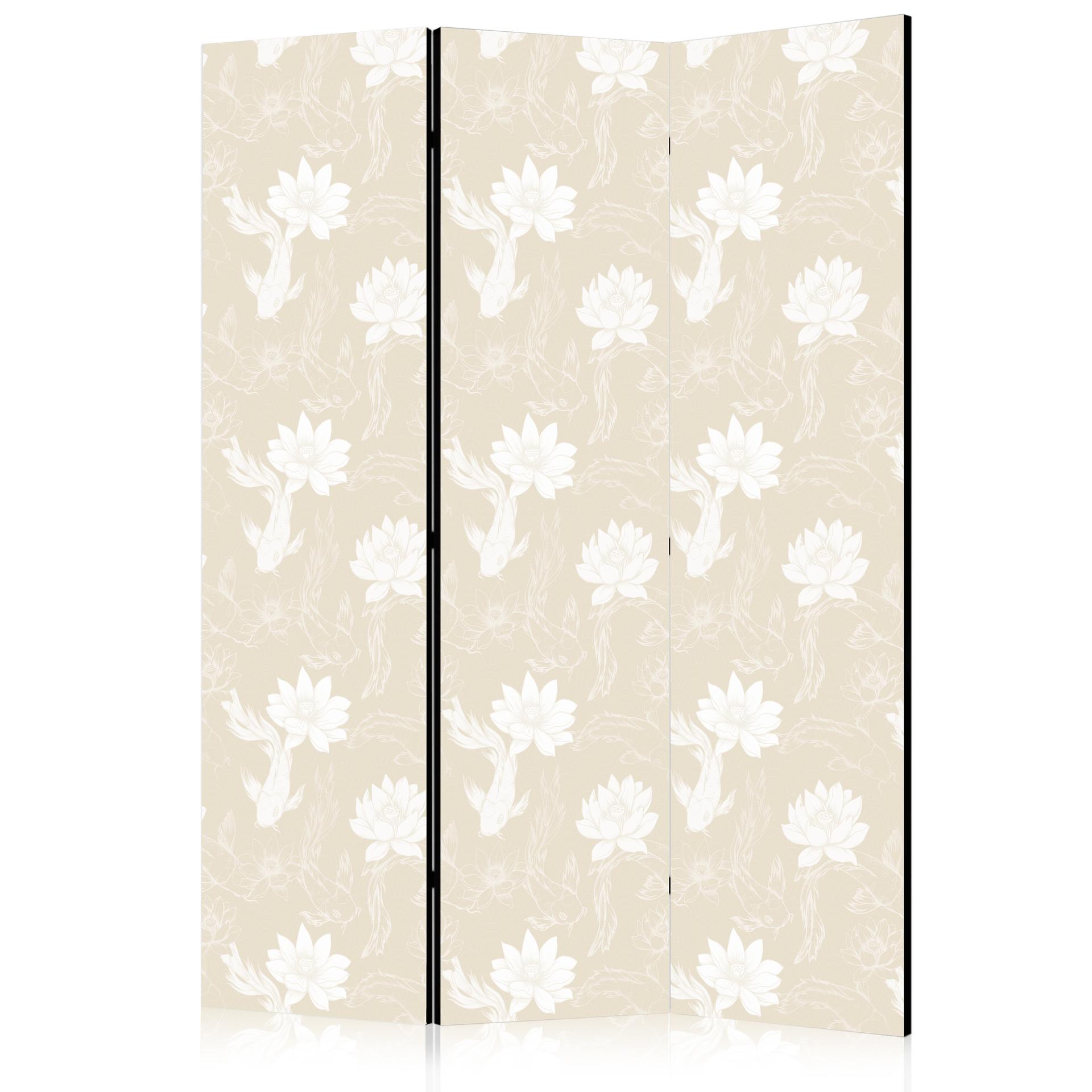 Paravent, Raumteiler freistehend, Trennwand - Fish and Water Lilies on a Delicate Sand-Beige Backgro
