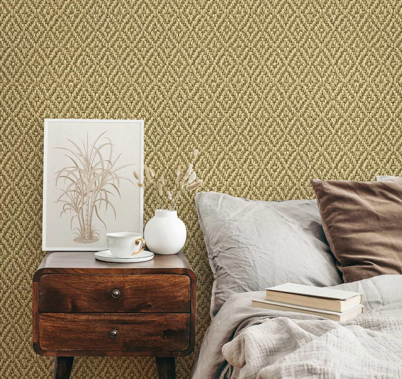 vliesbehang in 3D ruitpatroon vlechtwerk beige textiellook